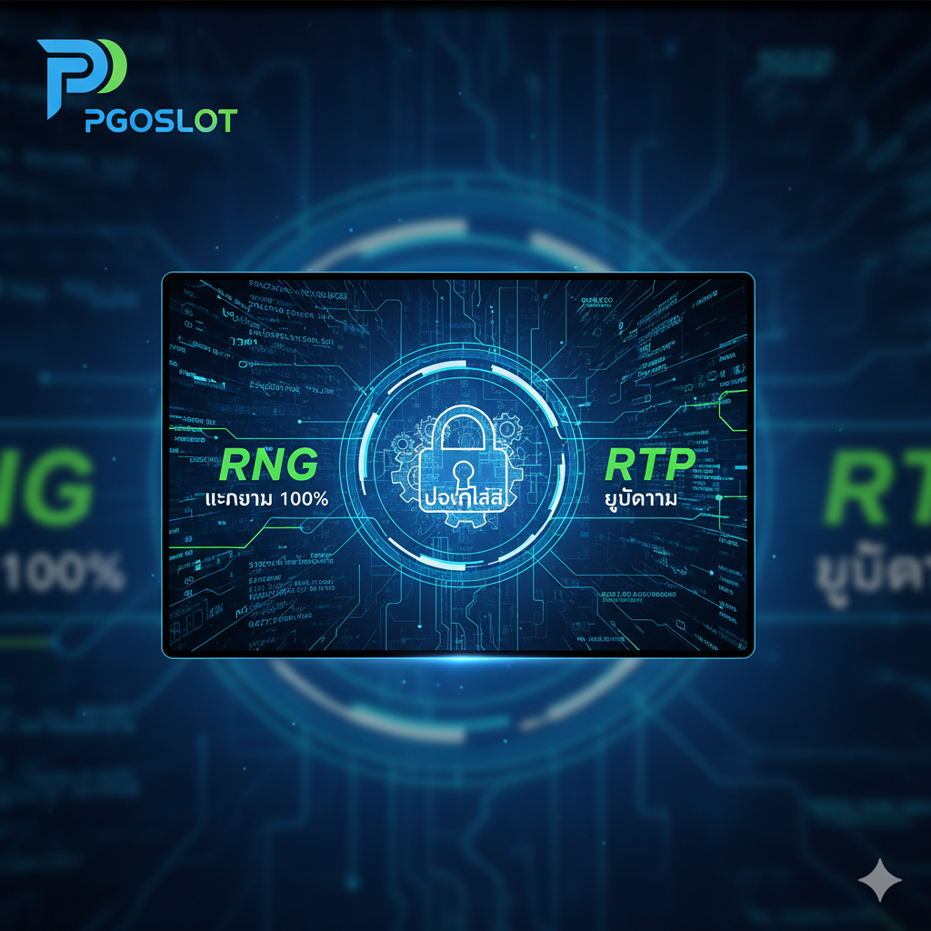 图像应聚焦于“透明的RNG”和“RTP”功能，展示游戏机制的公平性。主体是一个象征随机性的、动态的数字流或复杂的算法代码界面，暗示RNG机制的运行。屏幕中央是一个带有“RNG 100% RANDOM”或“โปร่งใส”字样的锁定符号，表示结果不可被操纵。色彩以科技蓝和象征诚信的白色/绿色为主。构图应展示技术和公正性，强调PGOSLOT的每一个旋转都是完全随机和公平的，给玩家带来信心。