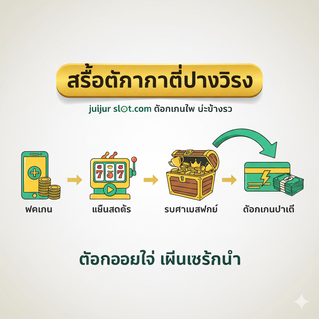 图像需展示快速且诚实的存取款流程，突出“สล็อตการันตีจ่ายจริง”的承诺。使用一系列简洁的图标和箭头构成流程图，从左到右依次为：手机支付图标（存款）、老虎机图标（游戏）、巨额奖金图标（获胜）和一个带有闪电符号的银行卡转账图标（快速提款）。整体风格简洁明了，采用高亮度的金色和绿色来强调财富和速度。构图应为清晰的线性流程，突出无延迟的自动提款是“Jujur Slot”的实际表现。