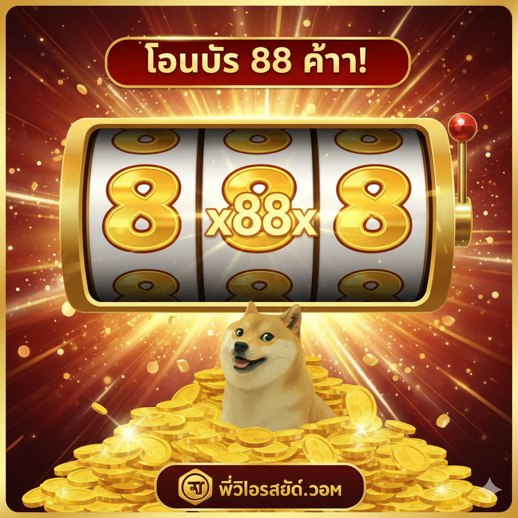 ภาพสำหรับส่วนคุณสมบัติหลัก เน้นการนำเสนอ รางวัลโบนัสและการคูณ 88 เท่า. สไตล์ภาพควรเป็นแบบไดนามิกและเรืองแสง. องค์ประกอบหลักคือวงล้อสล็อตขนาดใหญ่ที่หยุดอยู่ที่ สัญลักษณ์ '88' สามตัว หรือหน้าจอโบนัสที่มี ตัวคูณ 'x88' ปรากฏเด่นชัดอยู่ตรงกลาง. ใช้สีหลักเป็นสีทองและสีแดงเพื่อสื่อถึงความมั่งคั่งและโชคลาภตามความเชื่อของชาวไทยและจีน. มีตัวละคร Doge นั่งอยู่บนกองเหรียญทองขนาดใหญ่และทำท่าทางดีใจ (wow/much win). พื้นหลังมีประกายแสงและเส้น Speed lines เพื่อสื่อถึงความรวดเร็วของการแตกรางวัล.