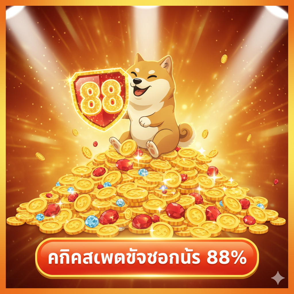 ภาพสรุปและปิดท้าย (Call to Action). ภาพควรสร้างความรู้สึกตื่นเต้นและกระตุ้นการตัดสินใจ. องค์ประกอบหลักคือ หมา Doge ยืนอยู่บนยอดเงินรางวัลขนาดใหญ่ (Jackpot) ที่มีแสงสปอตไลท์ส่องลงมา พร้อมถือป้ายที่เขียนว่า '88' หรือ 'JACKPOT' ที่กำลังเปล่งประกาย. ด้านล่างของภาพมีปุ่มขนาดใหญ่ที่โดดเด่นสะดุดตาเป็นข้อความ 'คลิกสมัครรับโบนัส 88%' เพื่อเป็นจุดที่กระตุ้นให้คลิก. ใช้สีโทนร้อน เช่น ส้ม-ทอง-แดง เพื่อกระตุ้นอารมณ์และสร้างความรู้สึกเร่งด่วนในการเข้าร่วมเพื่อรับโบนัส.