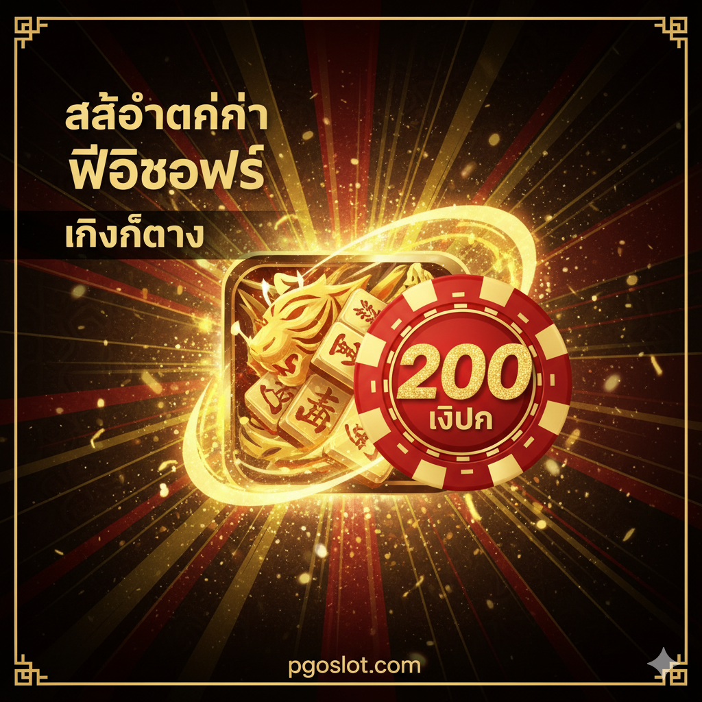 一张引人注目の泰式风格的插画作为封面。画面中心是PG Soft的经典游戏图标（如Mahjong Ways 2或Fortune Tiger的金色元素）和一个醒目的红色/金色筹码，上面印有数字 '200' 和泰文 'Bet'。背景应是闪耀的金色光芒和动态的几何图案，营造出 'Gacor' (แตกง่าย - 易爆奖) 的氛围。画面左上方是巨大的、加粗的泰文标题，强调 'Slot Gacor PG Soft' 和 'ลิงก์ตรง'。整体色彩以金、红、黑为主，充满财富和爆发力，构图强调视觉冲击力，突出 'Bet 200' 的低门槛和高回报潜力。
