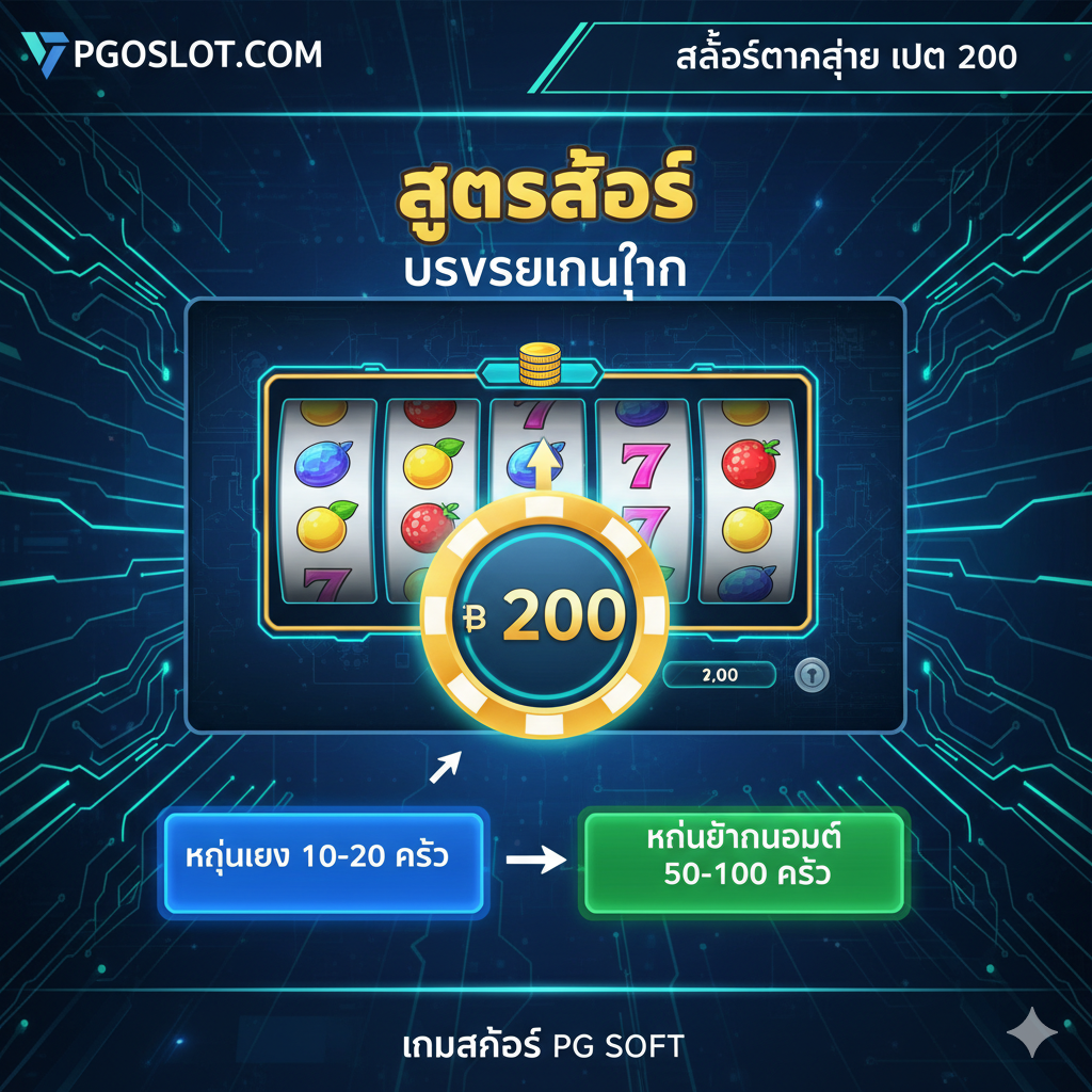 教程图片应以流程图或操作界面截图的风格展示 'สูตรสล็อต' (老虎机策略)。画面模拟一个游戏界面，在下方用泰文/英文标注 'Manual Spin 10-20x' 和 'Auto Spin 50-100x'，并用箭头指示步骤。一个突出的元素是筹码图标，上面清晰地显示 '฿ 200'。整体设计应简洁、专业，采用蓝色或绿色的科技感配色，以指导用户如何应用 'Pola Slot Gacor' (爆奖模式) 和 'บริหารเงินทุน' (资金管理) 的策略，突出 'Bet 200' 的操作细节。