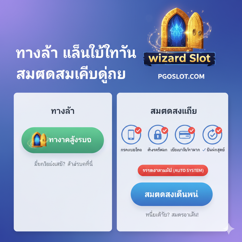 教程指导图，关于'ทางเข้า เล่นได้ทันที สมัครสมาชิกง่าย'（轻松注册和登录）。图片应以清晰的步骤流程图หรือ用户界面截图为主题，展示手机或电脑屏幕上的注册（สมัคร）和登录（ทางเข้า）按钮。画面风格简洁、友好的泰语UI元素。可以有一个魔法门的图标，象征“ทางเข้า”，并用四个简单的图标（如手机、锁、银行卡、✔）来表示注册的四个步骤，强调过程的快速和自动化（Auto System）。