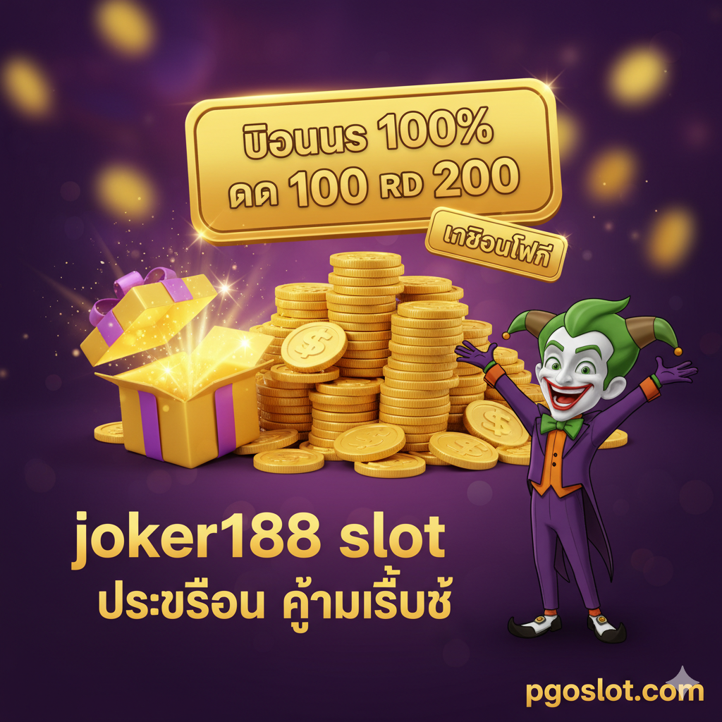 ภาพเน้นโปรโมชั่น 'โบนัส 100% ฝาก 100 รับ 200' และ 'เครดิตฟรี' ของ pgoslot.com โทนสีม่วงและทองเพื่อแสดงถึงความคุ้มค่าและของรางวัล ภาพประกอบด้วยกองเหรียญทองขนาดใหญ่ที่มีป้าย 'BONUS 100%' ติดอยู่ด้านบน มีไอคอนของขวัญที่เปิดออกและมีแสงสว่างพุ่งออกมา และข้อความ 'joker188 slot โปรโมชั่น คุ้มที่สุด' ที่เด่นชัด มีตัวการ์ตูนโจ๊กเกอร์ (Joker Gaming) ยิ้มอย่างยินดีอยู่ด้านข้างเพื่อสื่อถึงค่ายเกม ภาพต้องให้ความรู้สึกตื่นเต้นที่ได้รับของรางวัล