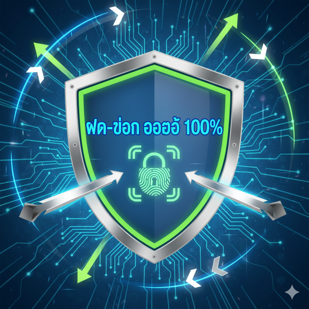 一张强调系统优势，特别是自动存取款和安全性的图片。設計應體現速度和信任。構圖可以是一個巨大的盾牌或安全鎖標誌，周圍環繞著快速移動的箭頭或光束，象徵'快速'。盾牌上應有泰語 'ฝาก-ถอน ออโต้ 100%'（100% 自動存取款）字樣。整體風格現代科技感強，使用藍色、綠色和銀色的配色方案，突出'穩定'和'安全'。