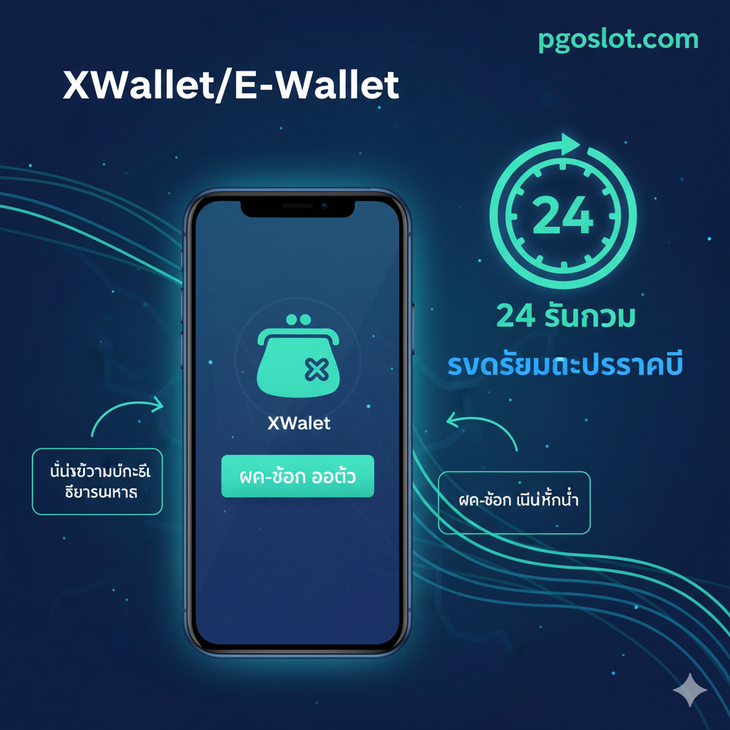 一张强调'XWallet/E-Wallet'功能和'24小时'服务的图片。画面应展示一个手机屏幕界面，上面清晰可见一个电子钱包应用的图标（类似TrueMoney Wallet，但需通用化）和'ฝาก-ถอน ออโต้'按钮。背景是数字流线和时钟/24小时标志，强调'รวดเร็วและปลอดภัย'。用箭头指向核心优势：'ไม่ต้องมีบัญชีธนาคาร'และ'ฝาก-ถอน ไม่มีขั้นต่ำ'。整体采用蓝色和绿色的配色，营造安全可靠的氛围。
