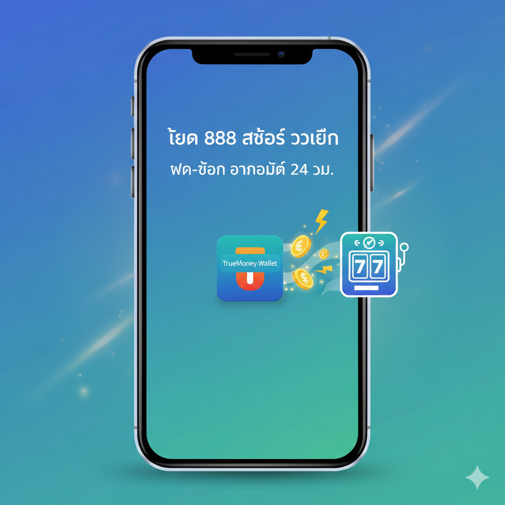突出“Yoda 888 Slot วอเลท” (Wallet)和“True Wallet”的功能性图片。画面应清晰展示手机屏幕界面，其中显示“ฝาก-ถอน อัตโนมัติ 24 ชม.” (Auto Deposit-Withdrawal 24 hrs)的字样。核心元素包括TrueMoney Wallet的图标和金币/钱币流向老虎机的动画效果。色彩以蓝色、绿色为主，配合金色的闪电符号或箭头，强调速度、安全和全自动的交易体验。构图简洁，信息点突出，体现资金流动的便捷性。