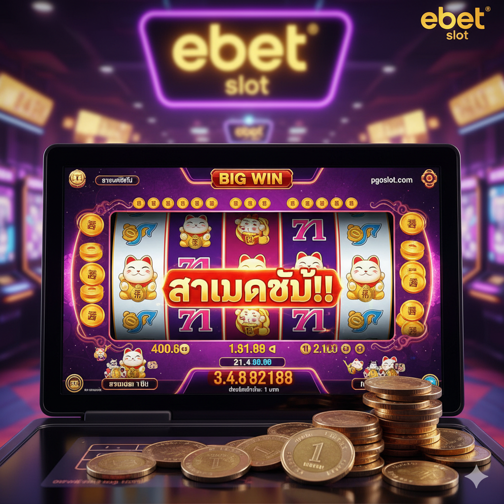 ภาพถ่ายระยะใกล้ (Close-up) ที่น่าตื่นเต้นของวงล้อสล็อต ebet ที่กำลังแสดงผลชนะรางวัล (Winning Payline) อย่างชัดเจน อาจเป็นเกม 'Fortune Cat' หรือ 'Money Mouse' ที่กล่าวถึงในบทความ มีข้อความ 'BIG WIN' หรือ 'MEGA WIN' ปรากฏอยู่บนหน้าจอ พร้อมทั้งแสดงสัญลักษณ์ของเงินเดิมพันต่ำที่สุดคือ '1 THB' หรือเหรียญบาทไทยจริงวางอยู่ข้างหน้าจอเกม เพื่อเน้นย้ำถึงจุดเด่นของ 'ebet slot แตกง่าย' และ 'ขั้นต่ำ 1 บาท' ที่เข้าถึงได้ทุกคน