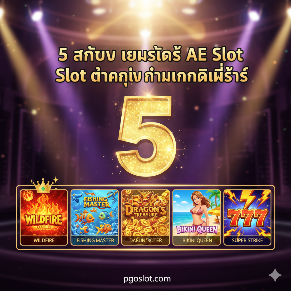 ภาพสรุป 5 อันดับเกมแนะนำของ AE Slot ที่ทำเงินได้ดีที่สุด ใช้พื้นหลังที่สว่างและมีชีวิตชีวา (เช่น ธีมคาสิโนที่มีแสงไฟสปอตไลท์) แสดงภาพปกหรือสัญลักษณ์เด่นของ 5 เกมที่กล่าวถึงในบทความ (Wildfire, Fishing Master, Dragon's Treasure, Bikini Queen, 777 Super Strike) ในลักษณะของตารางหรือกรอบ 5 อันดับ มีมงกุฎหรือดาวเหนืออันดับ 1 (Wildfire) เน้นตัวเลข '5' ขนาดใหญ่ และข้อความ: '5 อันดับ เกมสล็อต AE Slot แตกง่าย ทำเงินดีที่สุด' เพื่อดึงดูดความสนใจให้คลิกเข้าอ่านรายละเอียดเกม