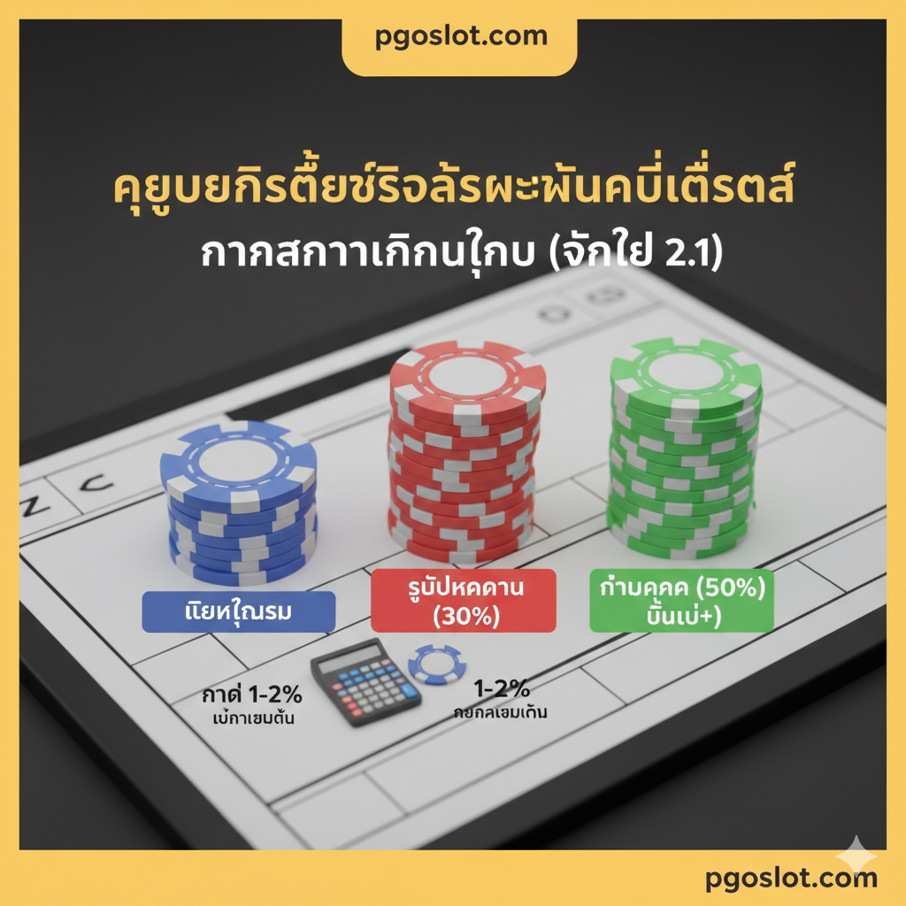 A clear tutorial-style image focusing on the Bankroll Management strategy (Section 2.1). The image should look like a financial planner or a strategic game board. The central element is a stack of chips or currency divided into three distinct sections labeled 'Total Bankroll,' 'Stop-Loss (30%)', and 'Take-Profit (50%+)'. Use bright, contrasting colors for the stop/profit zones (e.g., red for Stop-Loss, green for Take-Profit) to reinforce the concept. Show a small calculator or a hand placing a single low-value chip representing the '1-2% Rule' next to the main bankroll stack. The overall aesthetic should be neat, organized, and professional, emphasizing discipline and control over emotion, aligning with the concept of a 'walk-through' for pgoslot.com players.