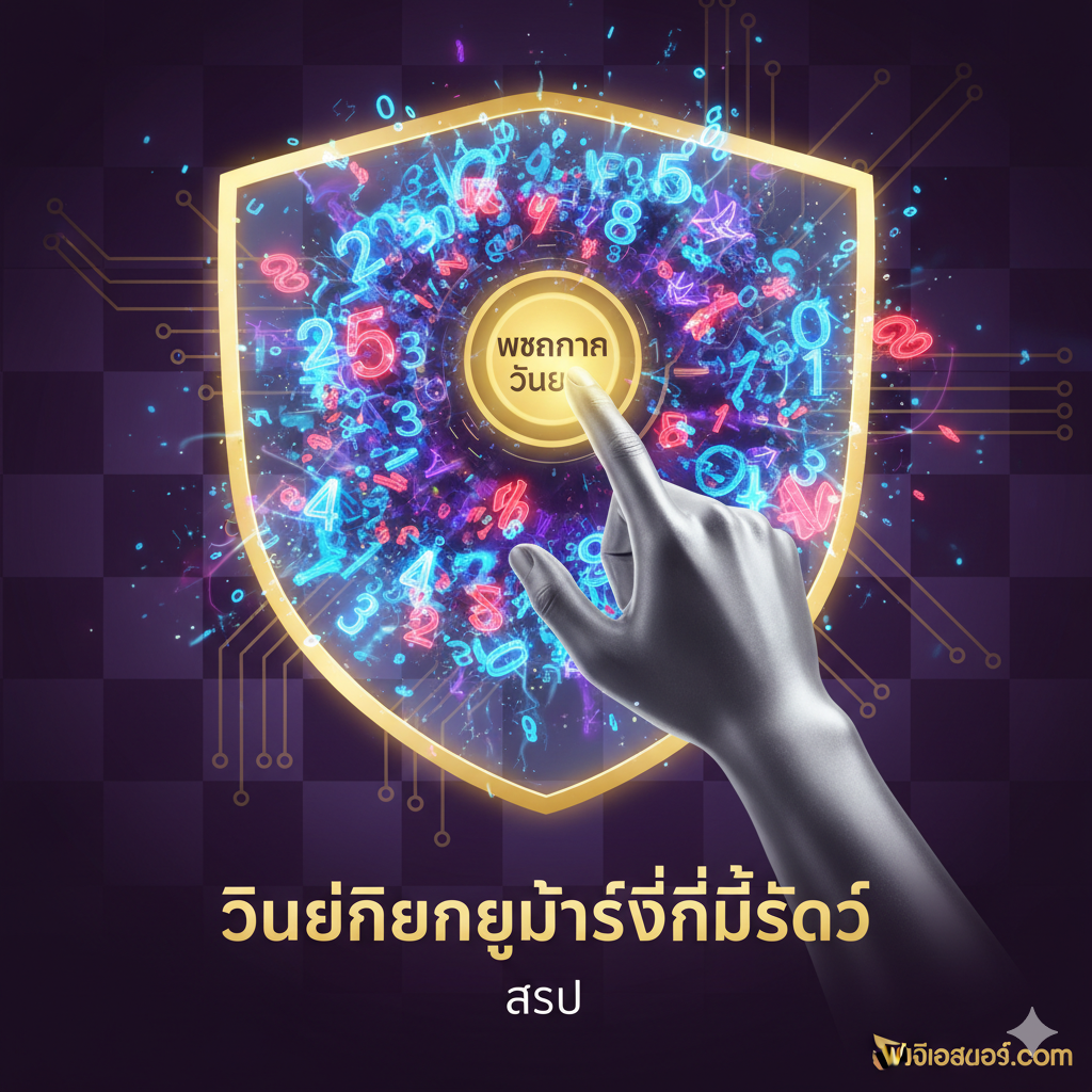 A final concluding image that visually summarizes the core message: Discipline is the Best Strategy (Section 4). The image should be conceptual, featuring a metaphorical representation of success and control. This could be a chess board or a simplified circuit board with a shining, metallic hand (representing the player) confidently pressing a button labeled 'Plan' or 'Discipline,' while a wild, chaotic burst of numbers (representing random chance) is contained or steered by a clear boundary or shield. The color scheme should be balanced—less chaotic than the cover, using deep purples, gold, and white to convey wisdom and long-term success. A subtle watermark or logo placement for pgoslot.com in the corner could reinforce the source of this expert advice.