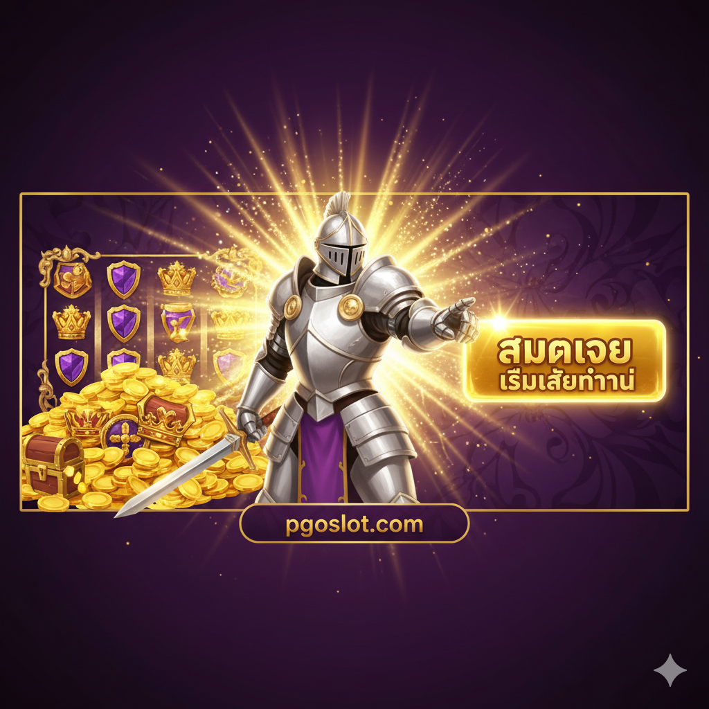 ภาพสรุปและกระตุ้นการตัดสินใจของผู้เล่น จัดวางภาพอัศวินสีขาวขนาดใหญ่ที่กำลังชี้ไปยังปุ่มหรือข้อความที่เขียนว่า 'สมัครเลย' หรือ 'เริ่มเล่นทันที' มีแสงรัศมีส่องประกายอยู่รอบตัวอัศวิน ด้านข้างมีกองเหรียญทองและสัญลักษณ์สล็อตที่ชนะรางวัล โทนสีโดยรวมควรสดใสและดึงดูดใจ ใช้สีทองและม่วงเพื่อสื่อถึงรางวัลและความหรูหรา เป็นภาพที่สร้างความมั่นใจและชักชวนให้ผู้เล่นเริ่มต้นการผจญภัยกับ White Knight Slot บน pgoslot.com