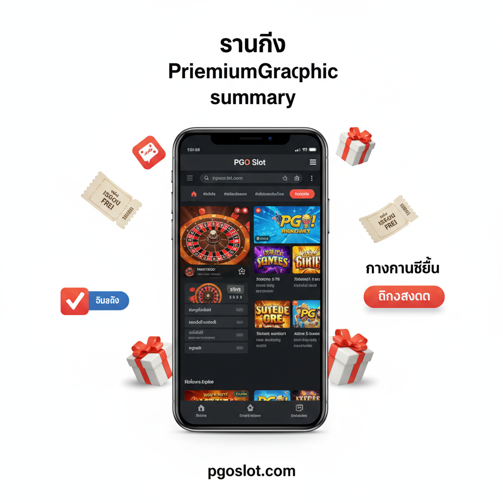 总结图片，旨在鼓励行动并再次强调“พรีเมียมกราฟิก”和“ทางเข้ามือถือ”。画面中心是一个现代智能手机，屏幕上清晰显示PGO Slot 网站界面，左侧展示一个轮盘游戏界面，右侧展示一个PG Slot 游戏列表。手机周围围绕着漂浮的优惠券, เครดิตฟรี (Free Credit) 礼盒和“คลิกสมัคร”按钮图标。整体构图为放射状，引导用户注意力到中央的手机和行动号召上。使用鲜明的色彩和干净的白色背景，确保信息清晰。