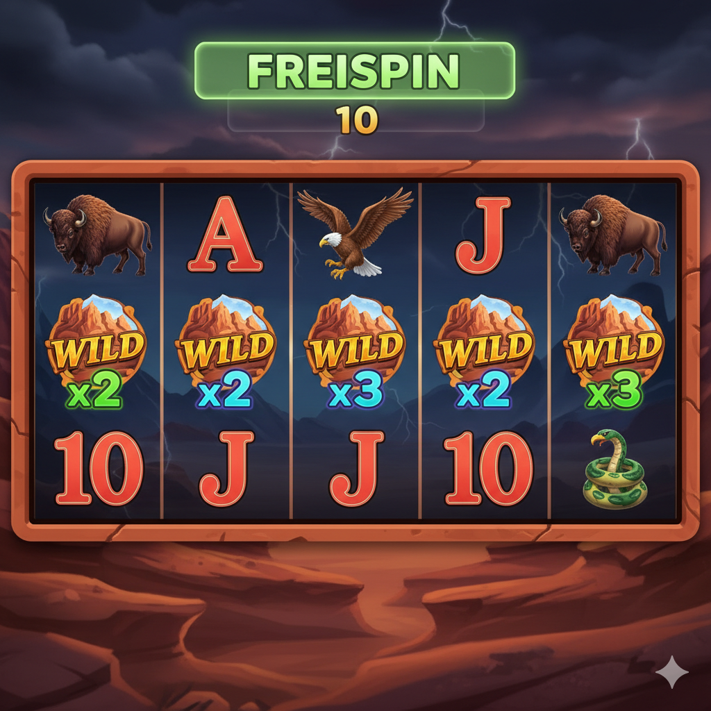 ภาพเน้นฟีเจอร์หลักของเกม แสดงหน้าจอวงล้อสล็อตในโหมด Free Spins โดยมีสัญลักษณ์ Wild (รูปภูเขา/แคนยอน) ปรากฏอยู่บนวงล้อที่ 2, 3, และ 4 พร้อมแสดงตัวเลข 'x2' หรือ 'x3' ที่สัญลักษณ์ Wild อย่างชัดเจน เพื่อเน้นฟีเจอร์ Multiplier ในรอบฟรีสปิน ฉากหลังยังคงเป็นแคนยอนแต่ดูมืดครึ้มเล็กน้อยเพื่อสื่อถึงบรรยากาศในโหมดโบนัส มีแถบแจ้งเตือน 'Free Spins' หรือ 'Bonus' โดดเด่นอยู่ด้านบน ใช้สีเขียวหรือสีฟ้าสว่างสำหรับไฮไลต์ตัวคูณเพื่อให้ตัดกับพื้นหลังสีส้มแดง