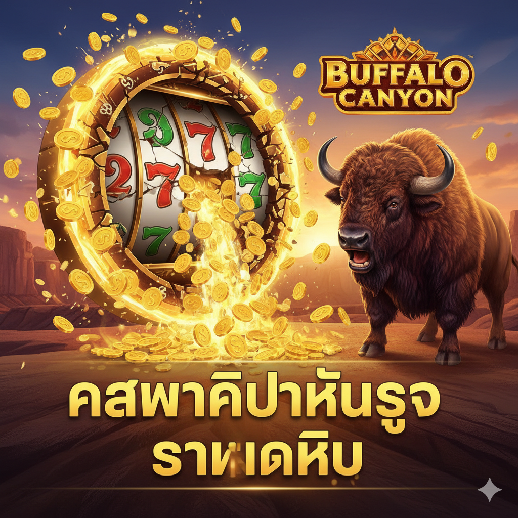 ภาพแสดงจุดเด่นของเกมคือความผันผวนสูงและการจ่ายรางวัลใหญ่ แสดงภาพแจ็คพอตแตก โดยมีเหรียญทองจำนวนมากไหลทะลักออกมาจากวงล้อสล็อต พร้อมแสงสว่างจ้าและประกายไฟรอบๆ ภาพควายป่าอาจกำลังคำรามอยู่ด้านข้างเพื่อสื่อถึงพลังของการจ่ายรางวัล เน้นข้อความหลัก เช่น 'High Volatility' หรือ 'Big Win' ที่เขียนด้วยฟอนต์ขนาดใหญ่และดูทรงพลัง ใช้สีทองและสีแดงเพื่อสื่อถึงความร่ำรวยและชัยชนะ