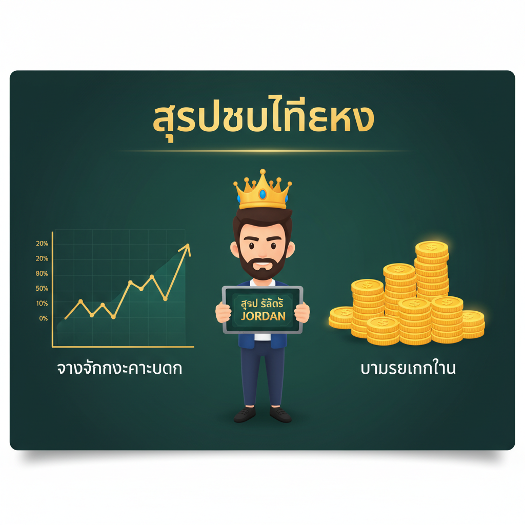 ภาพ旨在可视化“ สูตรและเทคนิค”部分。主体是一个戴着皇冠的卡通人物（象征玩家），手持一张写有泰语“สูตร สล็อต jordan”的卷轴或平板电脑。背景应有简洁的图表元素，例如一个折线图（象征着“จับจังหวะการแตก”/抓住爆奖时机），以及堆叠整齐的金币堆（象征“บริหารเงินทุน”/资金管理）。色彩应使用深绿和金色的组合，显得专业且可靠，构图应清晰地将人物和图表分离。