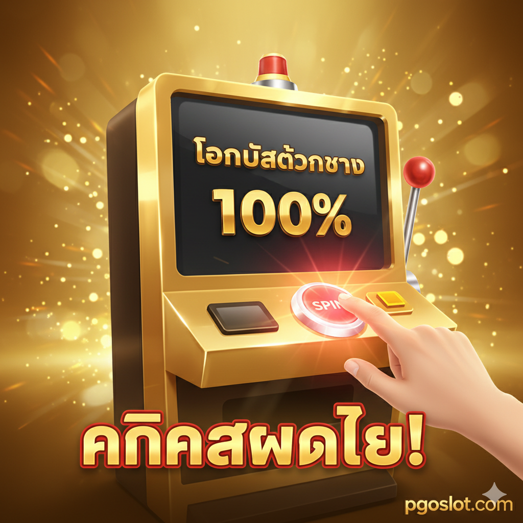 ภาพ作为文章的总结和行动号召（CTA）。画面采用全景式，展示一个巨大的金色老虎机，屏幕上显示“BONUS 100%”或泰语“โบนัสต้อนรับ 100%”字样。前景中有一只手正准备按下老虎机的启动按钮（Spin Button），按钮闪烁着耀眼的红色光芒。背景可以有模糊的金色光斑，营造出激动人心el的氛围。图片下方用显眼的泰语字体写上“คลิกสมัครเลย!”，强调立即行动。