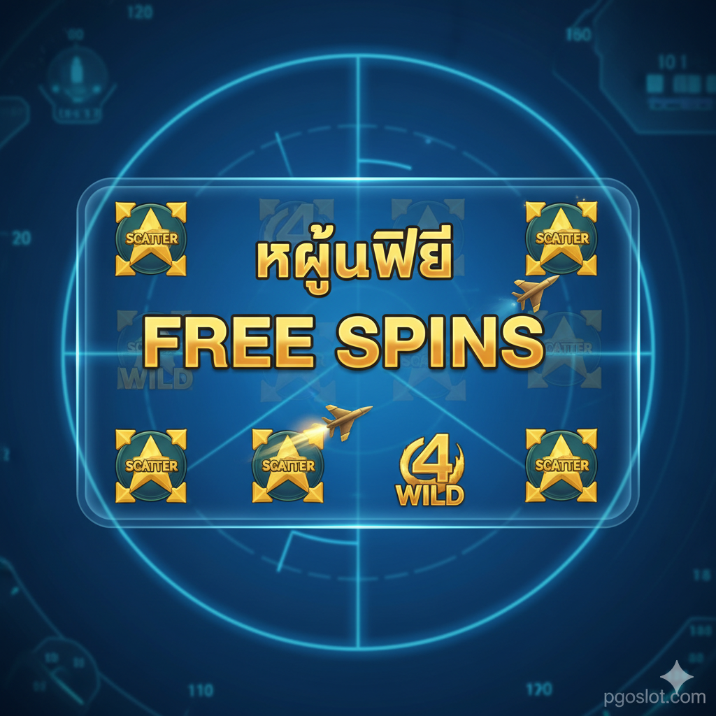 功能特性图，重點展示游戏的Free Spins和Wild符号。畫面中央是一个半透明的斯洛特游戏界面，突出显示“FREE SPINS”的字样和几个象徵高額獎勵的金色Scatter符号。一架小型戰鬥機符號正划過屏幕作為“Wild”符号连接不同的獎勵圖案。背景是蓝色的雷达屏幕或飛行儀表盤，風格偏向高科技和軍事感。整體色調为冷色調的藍和綠，配合金色的符號和文字，強調遊戲的獎勵機制和刺激感。