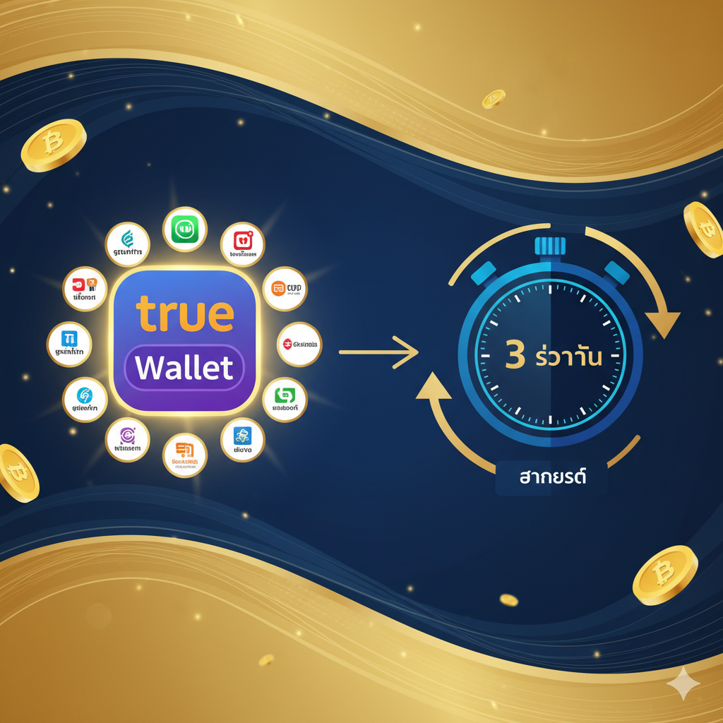 ภาพเน้นฟีเจอร์เด่น 'Borbet Slot Wallet' ที่รองรับ True Wallet และระบบออโต้ 3 วินาที ภาพควรแบ่งเป็นสองส่วนที่เชื่อมโยงกัน ส่วนหนึ่งเป็นภาพไอคอน True Wallet ขนาดใหญ่ที่มีแสงเรืองรอง พร้อมไอคอนธนาคารต่างๆ ในขนาดเล็กกว่า อีกส่วนหนึ่งเป็นภาพกราฟิกนาฬิกาจับเวลาดิจิทัลที่แสดงตัวเลข '3 วินาที' หรือ 'Auto' โดยมีลูกศรโค้งวนไปมาระหว่างกัน พื้นหลังใช้สีทองตัดกับสีน้ำเงินเข้มเพื่อสื่อถึงความปลอดภัย รวดเร็ว และความร่ำรวย มีภาพเหรียญทองหรือสัญลักษณ์เงินลอยอยู่รอบๆ เพื่อเสริมธีมการทำกำไร