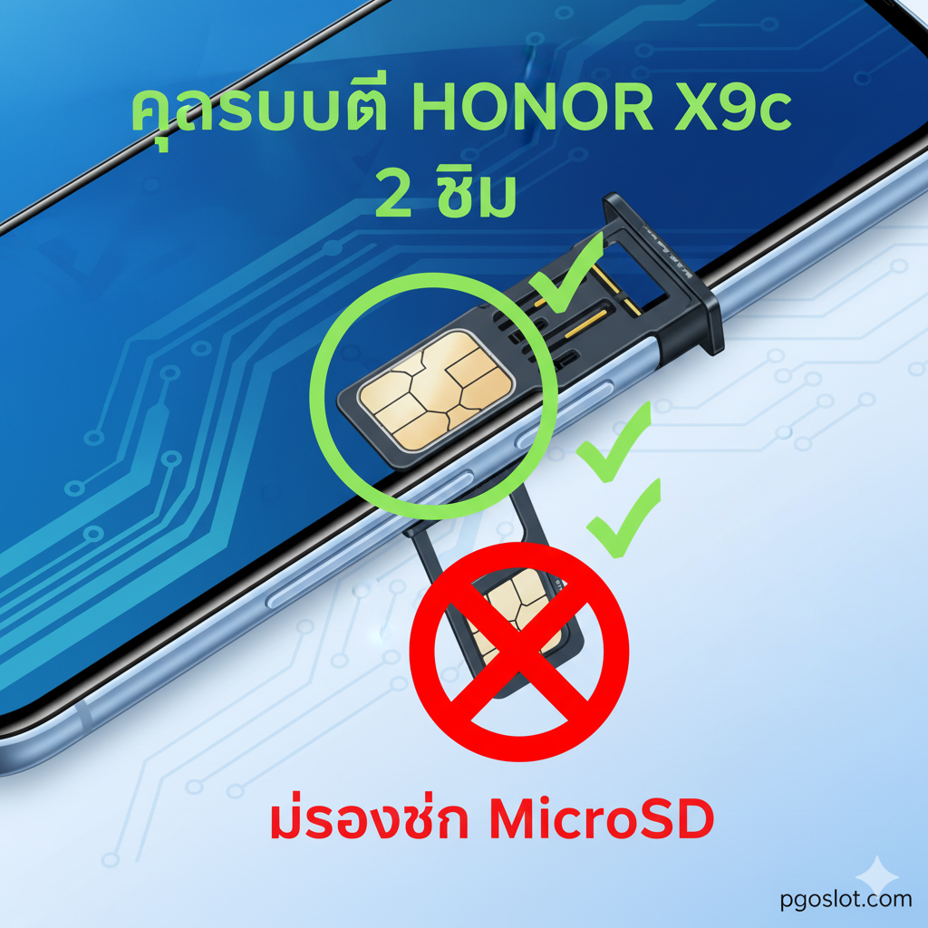 ภาพเน้นคุณสมบัติหลักคือ '2 ซิม แต่ไม่รองรับ MicroSD' แสดงภาพวาดเชิงกราฟิกหรือภาพถ่ายของด้านข้างของโทรศัพท์ Honor X9c ที่มีถาดซิมอยู่ ถาดซิมถูกเน้นด้วยวงกลมหรือเครื่องหมายลูกศรเพื่อแสดงช่องว่างสำหรับซิม 2 ช่อง และมีเครื่องหมายกากบาท (X) หรือสัญลักษณ์ 'ห้าม' (No Entry Sign) สีแดงขนาดใหญ่ทับช่องว่างที่ควรจะเป็น MicroSD Card Slot เพื่อเน้นย้ำถึงการขาดช่องเสียบการ์ดหน่วยความจำภายนอก ใช้สีตัดกัน เช่น สีเขียวสำหรับการรองรับซิม และสีแดงสำหรับการไม่รองรับ MicroSD เพื่อสื่อสารข้อมูลอย่างรวดเร็วและชัดเจน