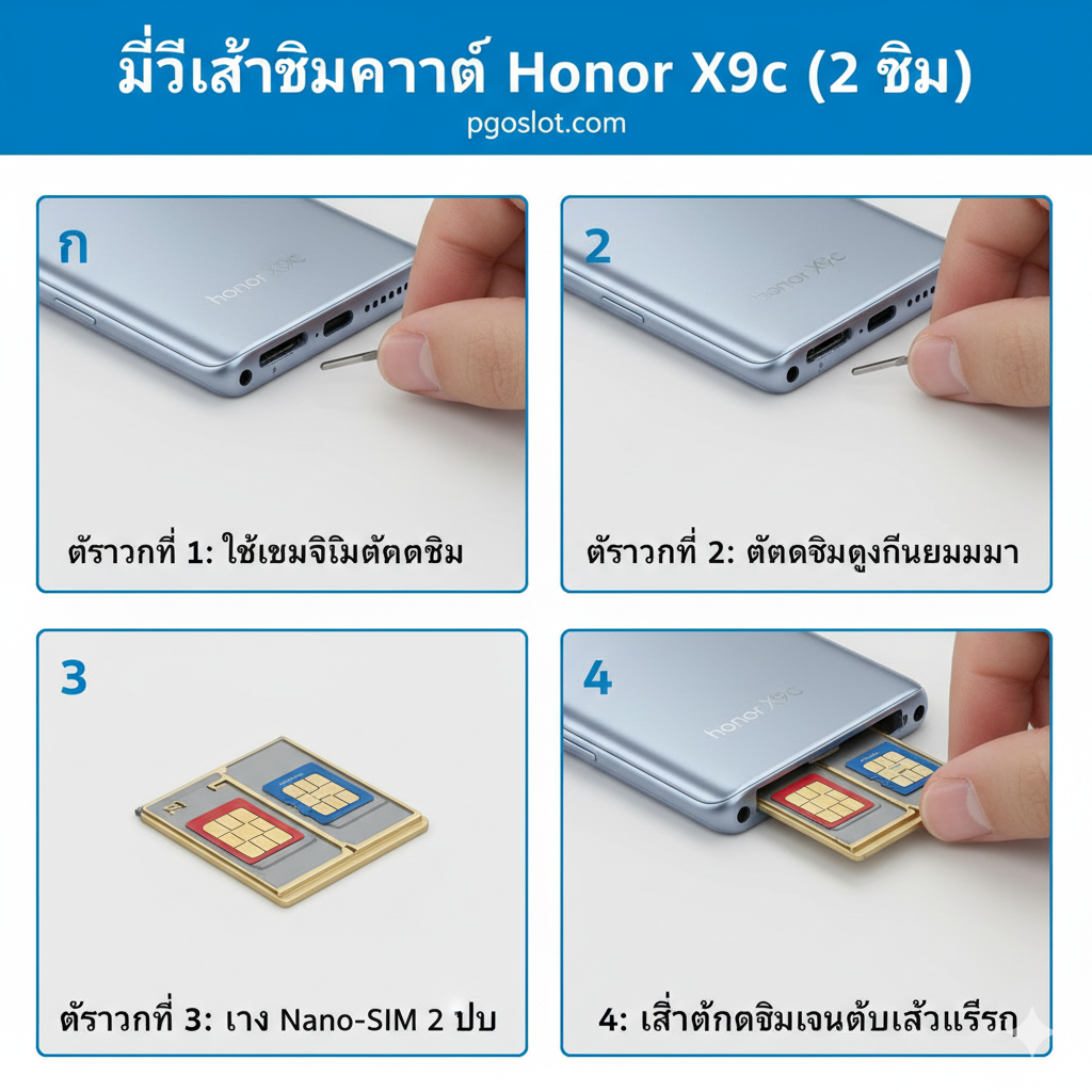 ภาพประกอบแบบขั้นตอน (Tutorial) ที่แสดงวิธีการใส่ซิมการ์ดที่ถูกต้องใน Honor X9c โดยแบ่งเป็น 3-4 ขั้นตอนง่ายๆ ในแนวนอน: 1. ใช้เข็มจิ้มถาดซิม 2. ถาดซิมถูกดึงออกมา 3. Nano-SIM 2 ใบถูกวางลงในตำแหน่งที่ถูกต้องในถาดซิม 4. ถาดซิมถูกใส่กลับเข้าไปในเครื่อง การจัดวางองค์ประกอบควรเป็นแบบ 'Step-by-Step' ที่ชัดเจนและมีตัวเลขกำกับแต่ละขั้นตอน ใช้สีพื้นหลังที่สะอาดและเน้นสีของซิมการ์ดหรือถาดซิมเพื่อให้ขั้นตอนการปฏิบัติงานง่ายต่อการติดตาม