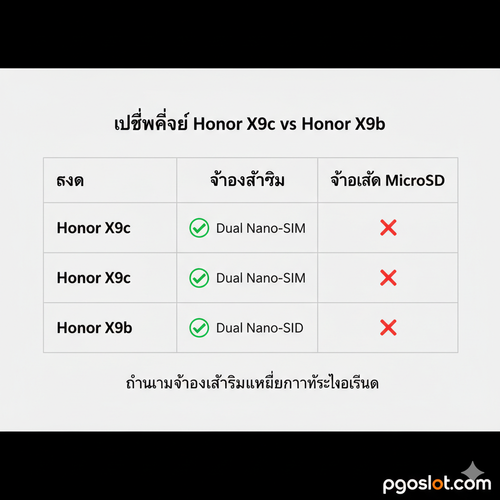 ภาพสรุปที่เป็นการเปรียบเทียบระหว่าง Honor X9c และ X9b ในรูปแบบของตารางเปรียบเทียบที่สะอาดตาและเป็นระเบียบ แสดงช่อง 'รุ่น', 'ช่องใส่ซิม', และ 'ช่องใส่ MicroSD' โดยมีเครื่องหมายถูก (✅) สำหรับ 'Dual Nano-SIM' และเครื่องหมายกากบาท (❌) สำหรับ 'MicroSD' ในแถวของทั้งสองรุ่น ตารางควรมีพื้นหลังสีอ่อนและข้อความตัวหนาเพื่อให้ง่ายต่อการอ่านและเปรียบเทียบข้อมูลสำคัญอย่างรวดเร็ว เน้นความเหมือนกันในแง่ของช่องใส่ซิมเพื่อตอบย้ำข้อสรุปของบทความ