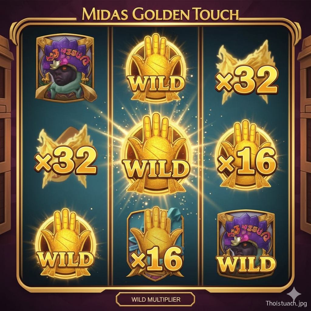 功能特性图，重点展示Midas Golden Touch游戏的核心机制：Wild Multiplier（Wild ตัวคูณทองคำ）。画面聚焦于老虎机游戏界面，特写了迈达ส王的手形Wild符号，该符号带有醒目的乘数标记，例如 'x32' หรือ 'x16'，并被一圈耀眼的金光环รอบ。背景是转动的卷轴，其中一条胜利线被金色高亮显示，强调Wild符号带来的巨大奖励。风格应为高精度游戏截图艺术化处理，色彩鲜明，突出金色效果，让玩家直观理解乘数Wild的威力。