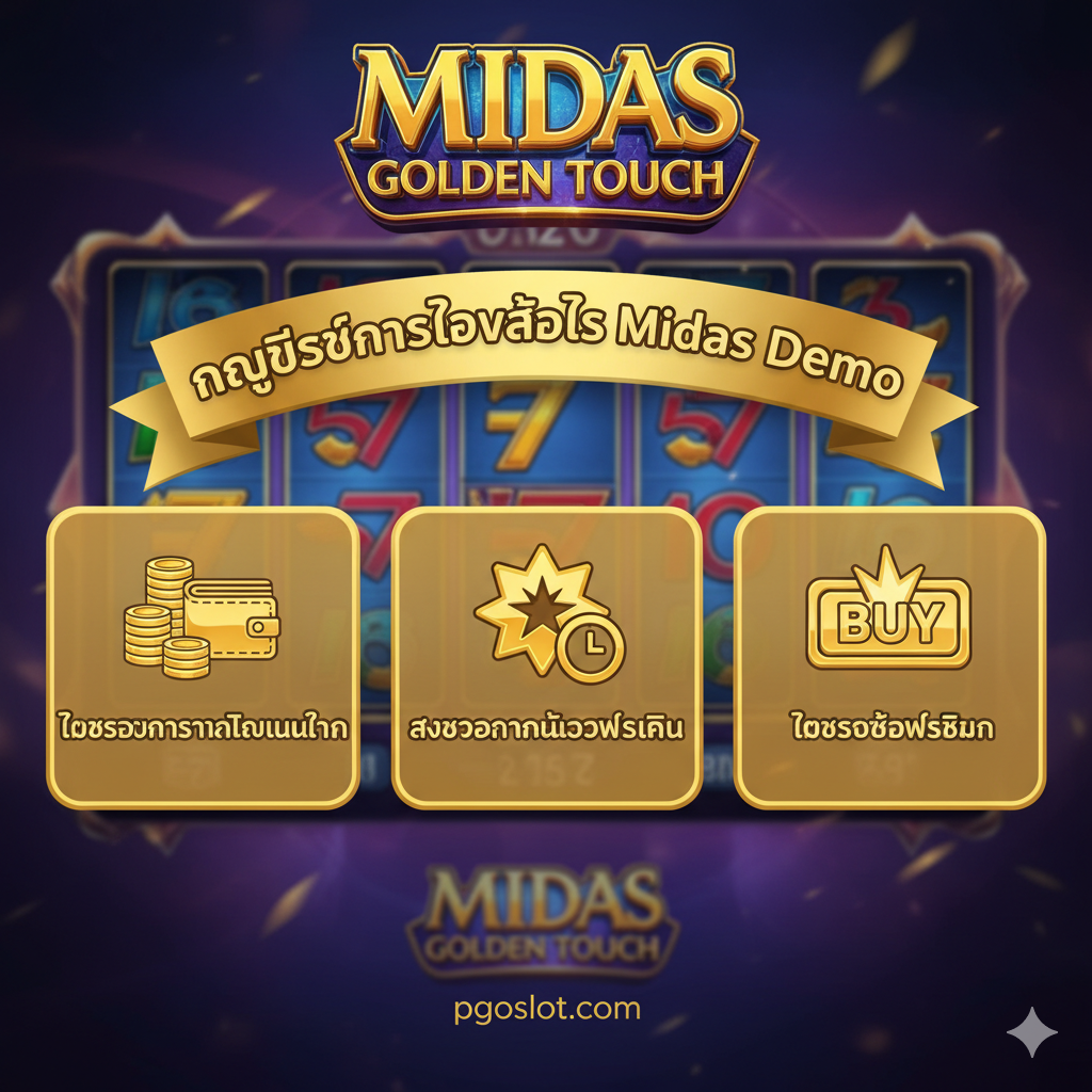 教程指导图，旨在传达使用Demo进行策略训练的概念。图片设计为分步指导信息图的风格，背景是一个半透明的迈ดส老虎机界面。前景叠加了三个金色的圆角方框，分别代表教程的三个核心点：1. ทดสอบการจัดการเงินทุน (Test Bankroll)，配以硬币或钱包图标；2. สังเกตการณ์เข้าฟรีสปิน (Observe Free Spins)，配以 Scatter 符号和钟表图标；3. ทดสอบซื้อฟรีสปิน (Test Buy Bonus)，配以闪烁的“Buy”按钮图标。整体采用泰文标题和简洁的图标，色彩明快，强调指导性和实用性。