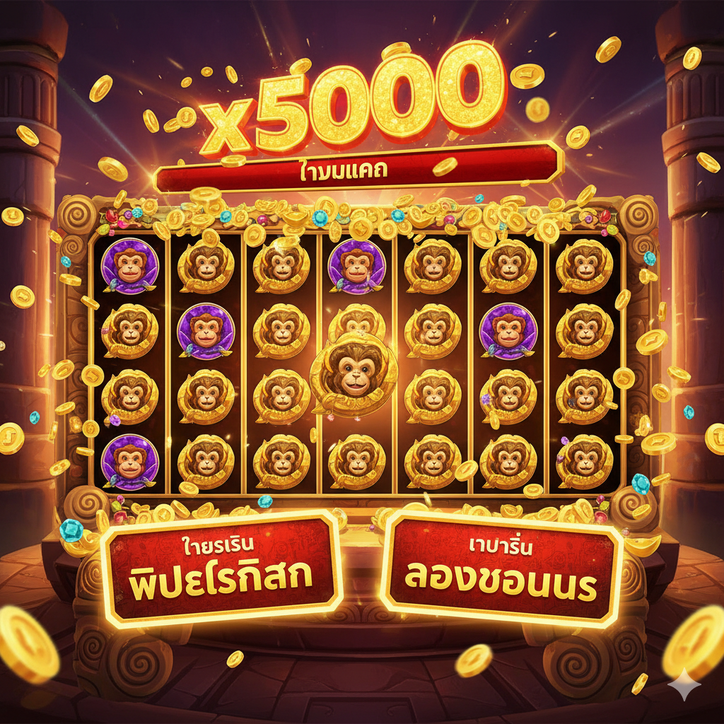 ภาพแสดงกลไก 'Chase'N'Win' และ Free Spins: เน้นหน้าจอวงล้อสล็อตขนาดใหญ่ที่มีสัญลักษณ์ลิงทองคำ (Golden Monkey) กระจายอยู่ พร้อมแถบตัวคูณขนาดใหญ่อยู่ด้านบน (Multiplier Bar) ที่แสดงตัวเลขพุ่งขึ้นไปถึง 'x5000' ใช้โทนสีทองและสีแดงเพื่อสร้างความรู้สึกตื่นเต้นและมั่งคั่ง มีแสงสว่างพุ่งออกมาจากแถบตัวคูณ แสดงป้าย 'FREE SPINS' หรือ 'BONUS ROUND' เพื่อชี้ให้เห็นถึงฟีเจอร์หลัก ภาพควรให้ความรู้สึกของการ 'ไล่ล่า' ความร่ำรวย