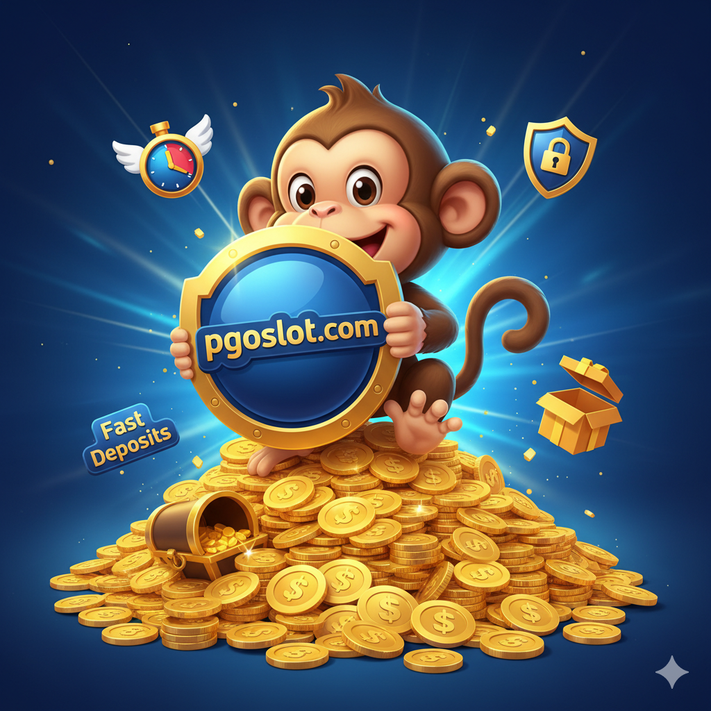 ภาพแสดงข้อดีของการเล่นที่ pgoslot.com: ภาพนี้เน้นความน่าเชื่อถือและความพิเศษจาก pgoslot.com โดยใช้ภาพตัวละครลิงกำลังนั่งอยู่บนกองเหรียญทองขนาดใหญ่และถือป้ายที่มีโลโก้ pgoslot.com มีไอคอนเล็กๆ ลอยอยู่รอบๆ เพื่อสื่อถึงข้อดีต่างๆ เช่น ไอคอนความเร็ว (Speed/Fast Deposit), ไอคอนความปลอดภัย (Security Lock), และไอคอนโบนัส (Gift Box) ใช้โทนสีฟ้า/น้ำเงินของ pgoslot.com ผสมกับสีทองของรางวัล ให้ความรู้สึกมั่นคงและได้เปรียบ