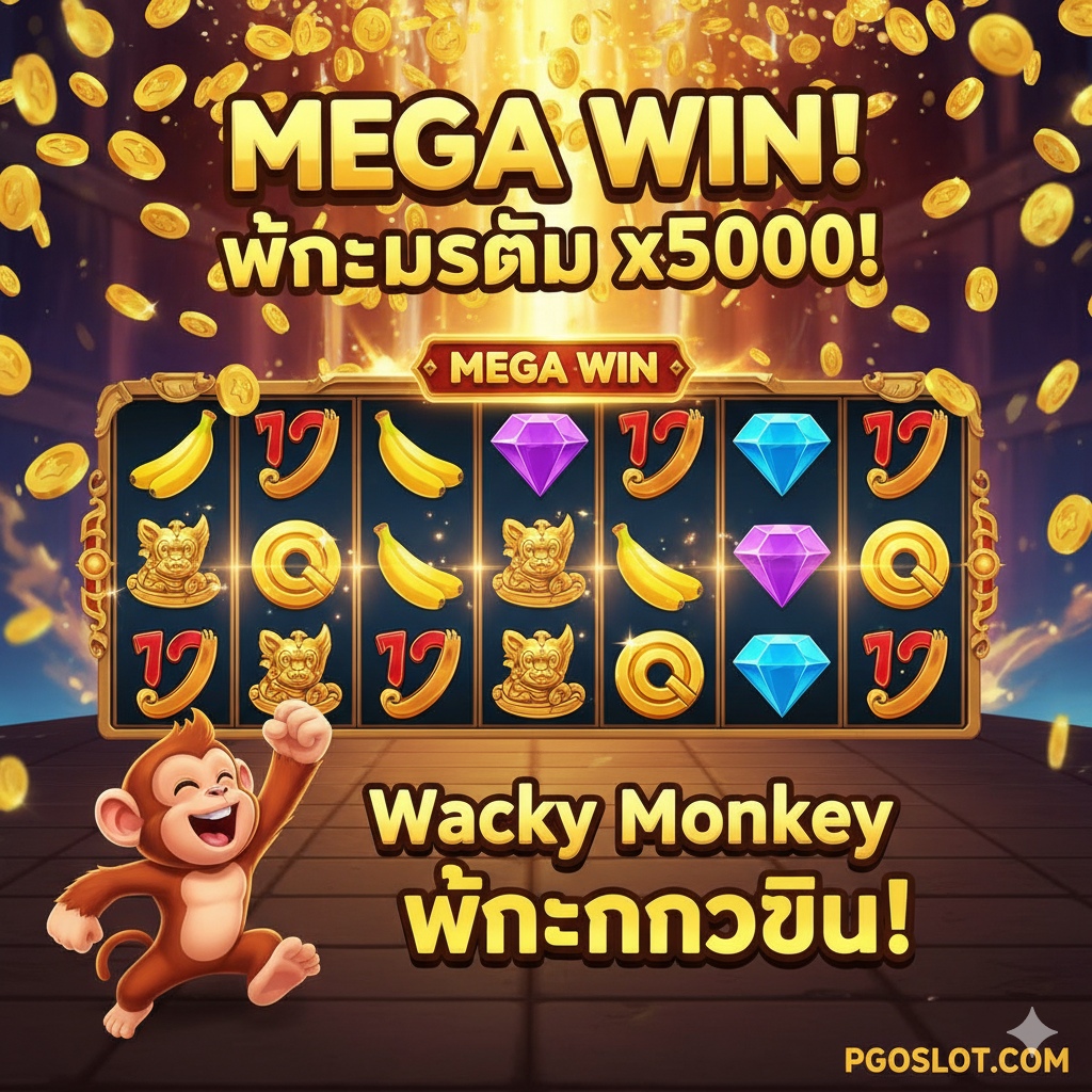 ภาพสรุปและ Big Win: แสดงฉาก 'Big Win' หรือ 'Mega Win' ในเกม โดยมีข้อความขนาดใหญ่ 'MAX WIN x5000' หรือ 'Wacky Monkey BIG WIN!' ปรากฏอยู่กลางหน้าจอ วงล้อสล็อตควรแสดงสัญลักษณ์มูลค่าสูงเรียงกันเต็มหน้าจอ มีเหรียญทองคำหล่นลงมาจากด้านบนอย่างท่วมท้น ตัวละครลิงจอมซนควรมีท่าทางดีใจสุดขีดอยู่มุมหนึ่งของภาพ ใช้แสงสว่างจ้าและสีสันที่สดใสเพื่อสร้างความรู้สึกของการชนะครั้งยิ่งใหญ่และน่าประทับใจที่สุดในส่วนท้ายของบทความ