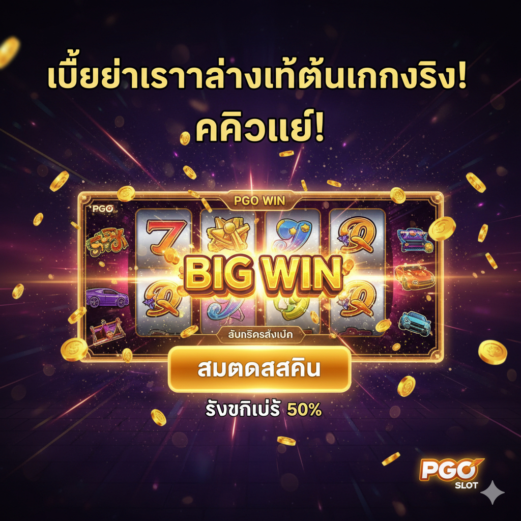 ภาพสรุปและปิดท้ายที่แข็งแกร่งและกระตุ้นการตัดสินใจ. ภาพควรมีข้อความขนาดใหญ่เป็นภาษาไทยที่ดึงดูดใจ (เช่น 'เปลี่ยนเวลาว่างให้เป็นเงินจริง! คลิกเลย!'). พื้นหลังควรเป็นภาพเกมสล็อตระดับพรีเมียมของ PGO SLOT ที่กำลังแสดงผลชนะครั้งใหญ่ (Big Win) ที่สว่างไสว, มีแสงไฟนีออนหรือแสงระยิบระยับของเหรียญทอง. ตรงกลางภาพมีปุ่ม 'สมัครสมาชิก' หรือ 'รับโบนัส 50%' ขนาดใหญ่ที่มองเห็นได้ชัดเจน, เพื่อเป็น Call-to-Action สุดท้าย. องค์ประกอบภาพควรเน้นความตื่นเต้นและความร่ำรวย.