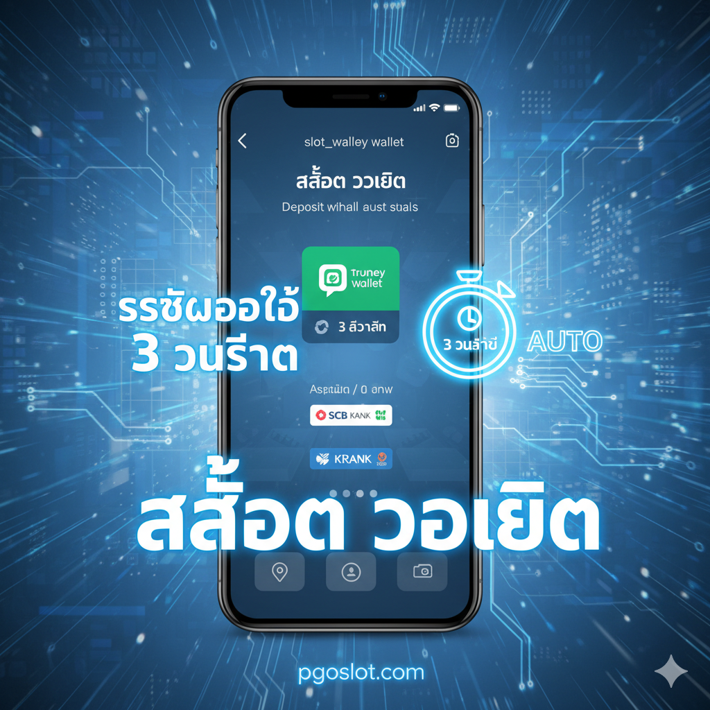 ภาพเน้นความได้เปรียบด้าน 'ระบบออโต้ 3 วินาที' และ 'สล็อตวอเลท' แสดงภาพหน้าจอสมาร์ทโฟนที่กำลังทำธุรกรรมการฝากหรือถอนเงินอย่างรวดเร็ว โดยมีโลโก้ True Money Wallet และโลโก้ธนาคารชั้นนำของไทยปรากฏอยู่ พร้อมสัญลักษณ์นาฬิกาจับเวลาดิจิทัลที่แสดงตัวเลข '3 วินาที' หรือ 'Auto' เรืองแสง ใช้พื้นหลังที่เป็นรูปวงจรดิจิทัลหรือแสงที่เคลื่อนที่อย่างรวดเร็วเพื่อสื่อถึงความเร็วและประสิทธิภาพของระบบ AI โทนสีฟ้าอ่อนและขาวแสดงถึงความน่าเชื่อถือและความล้ำสมัย.