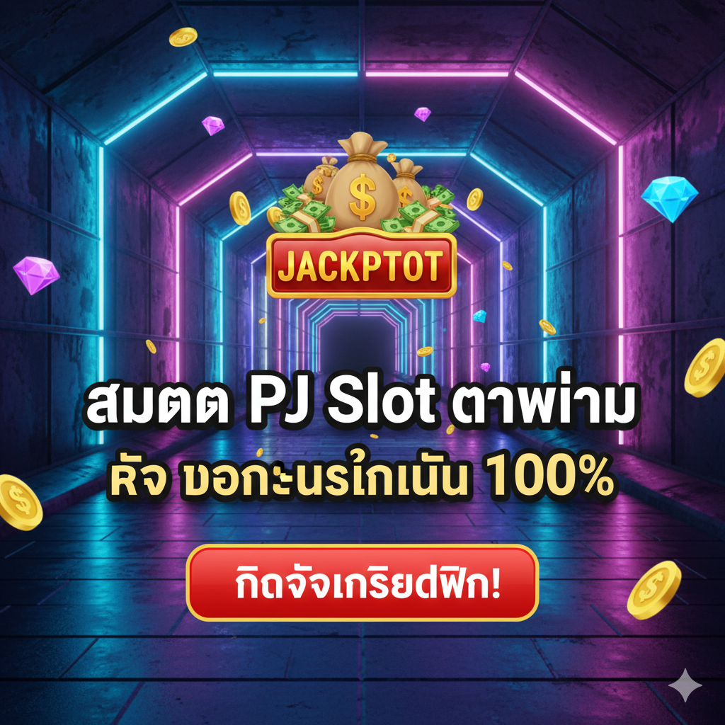 ภาพสรุปและกระตุ้นการตัดสินใจ (Call to Action) ในรูปแบบที่ทรงพลัง สร้างภาพพื้นหลังเป็นทางเข้าหรืออุโมงค์แสงสว่างที่ปลายทางคือสัญลักษณ์แจ็คพอตขนาดใหญ่ (Jackpot Symbol) หรือถุงเงิน มีข้อความหลักเน้นย้ำว่า "สมัคร PJ Slot ตอนนี้ รับโบนัสทันที 100%" วางเด่นชัดเจนตรงกลาง ใช้ฟอนต์ขนาดใหญ่สีขาวตัดกับพื้นหลังสีเข้ม มีปุ่มขนาดใหญ่สีแดงสดเขียนว่า "คลิกรับเครดิตฟรี!" เพื่อกระตุ้นให้ผู้เล่นทำการสมัครทันที เป็นภาพที่สร้างความรู้สึกเร่งด่วนและโอกาสในการทำเงินที่กำลังรออยู่