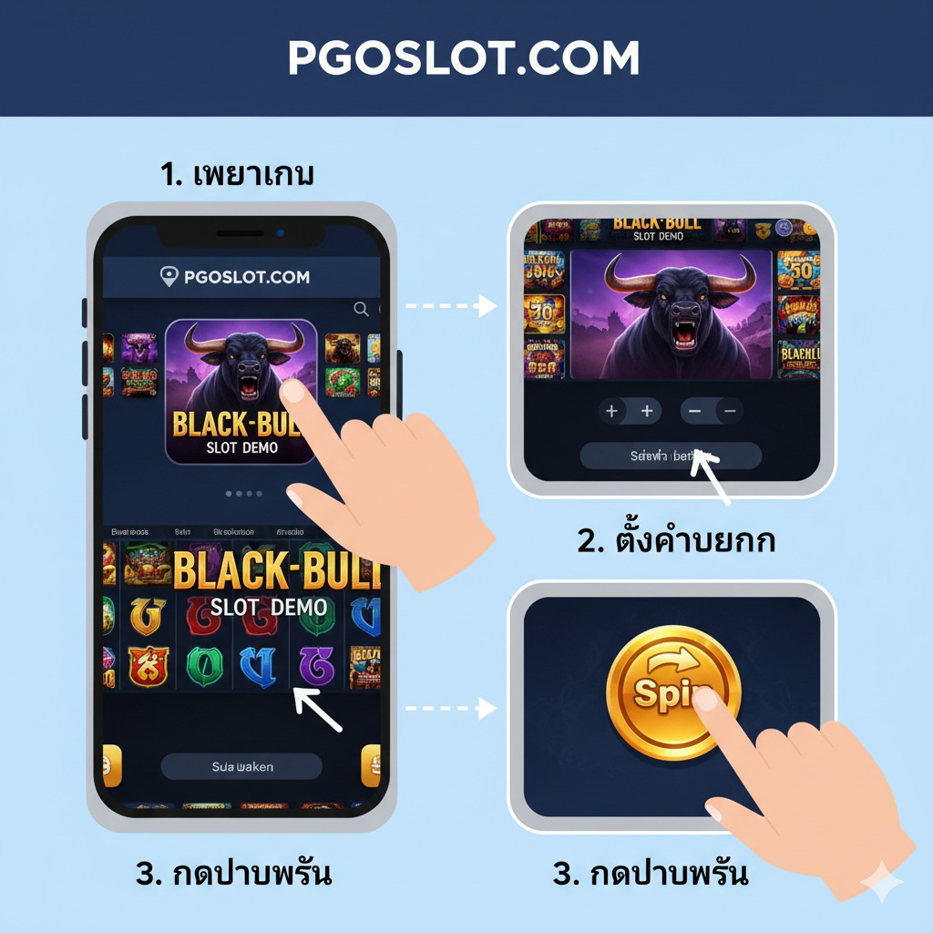 ภาพประกอบคำแนะนำการเล่น Black Bull Slot Demo สำหรับมือใหม่ สไตล์เรียบง่ายแต่ชัดเจน แสดงถึงขั้นตอนการเล่น 3-4 ขั้นตอน เช่น (1) เลือกเกม (2) ตั้งค่า Bet (3) กด Spin อาจใช้ภาพมือที่กำลังแตะปุ่ม 'Spin' บนหน้าจอเกมที่ออกแบบมาให้ดูเป็นมิตร มีการใส่ข้อความภาษาไทยสั้นๆ เช่น 'ตั้งค่าเดิมพัน' หรือ 'กดปุ่มหมุน' กำกับอยู่ใกล้ๆ องค์ประกอบควรดูสะอาดตาและเป็นระเบียบเพื่อให้ข้อมูลที่เข้าใจง่ายสำหรับการเล่นในโหมดทดลอง