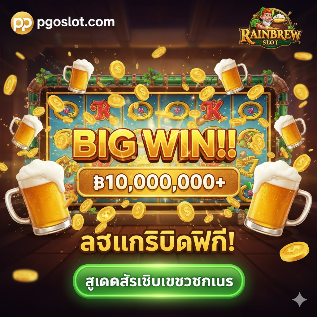 ภาพสรุปและกระตุ้นการสมัครเล่นเกม แสดงผลลัพธ์การชนะครั้งใหญ่ (Big Win) หรือแจ็คพอตที่เต็มไปด้วยเหรียญทองและเบียร์ที่ฟองฟู่ เน้นคำว่า 'สมัคร' หรือ 'เครดิตฟรี' อย่างชัดเจน พร้อมโลโก้ pgoslot.com และ Rainbrew Slot เพื่อเป็นการปิดท้ายและเชิญชวนผู้เล่น มีองค์ประกอบของปุ่มขนาดใหญ่ 'สมัครสมาชิกและรับโบนัส' ในภาพเพื่อเป็น Call-to-Action ภาพรวมต้องดูดึงดูดใจและให้ความรู้สึกของการบรรลุชัยชนะและความร่ำรวย.