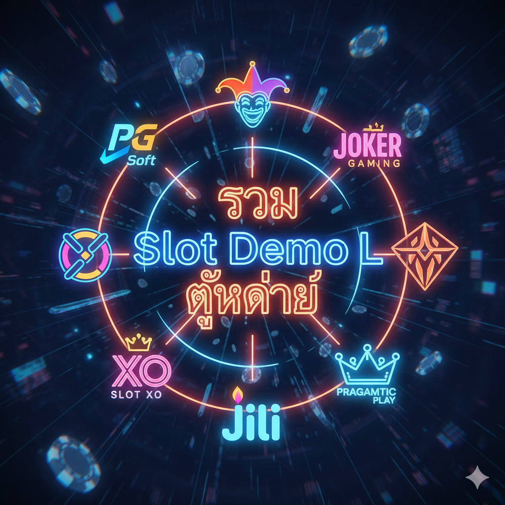 รูปภาพนี้มีจุดประสงค์เพื่อแสดงคุณสมบัติหลักของ “Slot Demo L” คือการรวบรวมผู้ให้บริการเกมหลักทั้งหมด องค์ประกอบใช้การออกแบบแบบรัศมี โดยมีชื่อ 'รวม Slot Demo L ทุกค่าย' อยู่ตรงกลางและมีไอคอนหรือโลโก้เล็ก ๆ มากมาย (เช่น PG Soft, Joker Gaming, Slot XO, Jili, Pragmatic Play) ในสไตล์นีออนหรือ 3 มิติ
