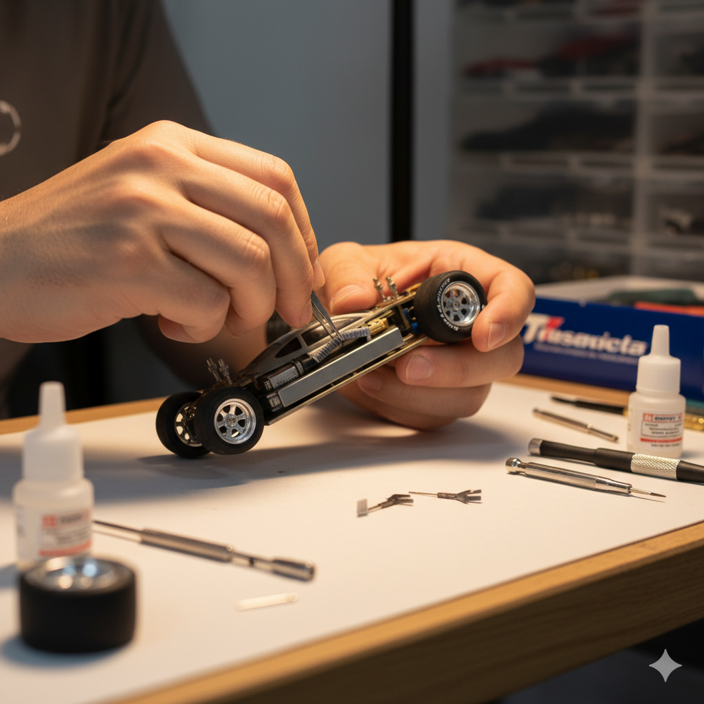ภาพระยะใกล้ (Close-up) แสดงมือของคนกำลังบำรุงรักษารถสล็อต 1:32 คันหนึ่งบนโต๊ะทำงาน ภาพเน้นไปที่ขั้นตอนการทำความสะอาดหรือตรวจสอบชิ้นส่วนสำคัญ เช่น การใช้แหนบเล็กๆ จัดการกับแปรงถ่าน (Guide/Brushes) หรือการตรวจสอบยาง (Tire) ของรถสล็อต มีเครื่องมือขนาดเล็ก (เช่น แปรง หรือไขควง) วางอยู่ข้างๆ ให้ความรู้สึกเหมือนเป็นเวิร์คช็อปเล็กๆ องค์ประกอบเน้นความสะอาดและความใส่ใจในรายละเอียดของการบำรุงรักษาในโทนสีสว่างและสบายตา