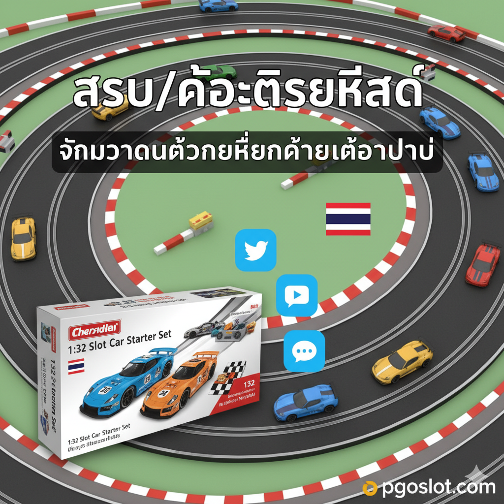 ภาพประกอบเชิงแนวคิดที่สื่อถึงชุมชนและการเริ่มต้น ภาพพื้นหลังเป็นลายสนามแข่ง 1:32 Slot Car ที่ต่อเป็นวงจร ด้านหน้ามีไอคอนสัญลักษณ์ของการรวมกลุ่มหรือการพูดคุย (เช่น ไอคอนแชทหรือโซเชียลมีเดีย) วางอยู่ข้างกล่องชุดสนามแข่งเริ่มต้น (Starter Set Box) ของ 1:32 Slot Car และมีธงชาติไทย (Thai Flag) เล็กน้อยแทรกอยู่เพื่อเน้น 'ชุมชนชาวไทย' โทนสีควรเป็นสีสดใสและสร้างแรงบันดาลใจ สื่อถึง 'ก้าวต่อไป' และการเข้าร่วมกลุ่มนักเล่นเพื่อสรุปบทความและกระตุ้นให้ลงมือทำ