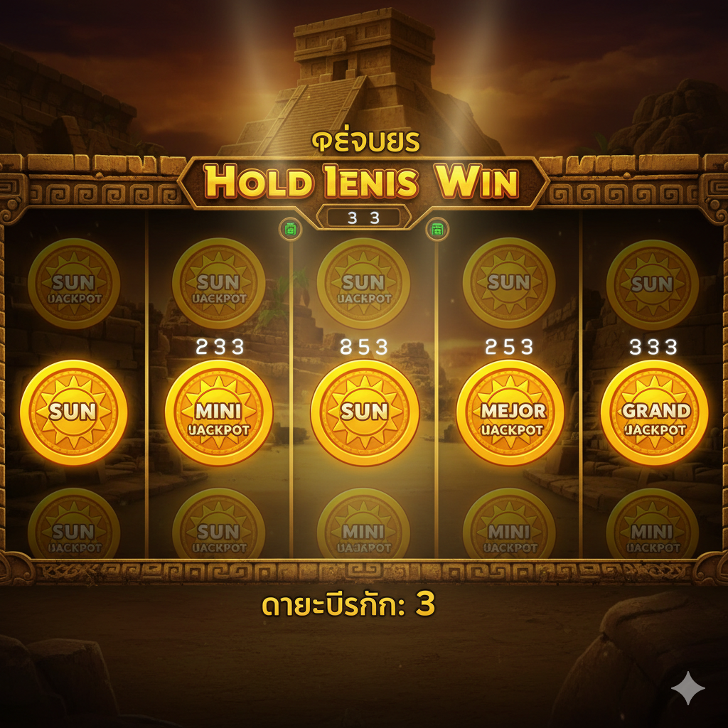 聚焦于游戏的核心功能'Hold and Win'。图片展示了老虎机的部分屏幕，重点突出被锁定的6个或更多'Sun Bonus Symbols'（太阳符号）。太阳符号上应清晰显示金币、'Mini'、'Major'等字样，并有3个闪烁的Respin计数器。背景是游戏内金字塔和古老遗迹的暗金色场景。色彩明亮集中在太阳符号上，强调这是通往Grand Jackpot的关键路径。构图上使用聚光灯效果，突出中央的Bonus Symbols。