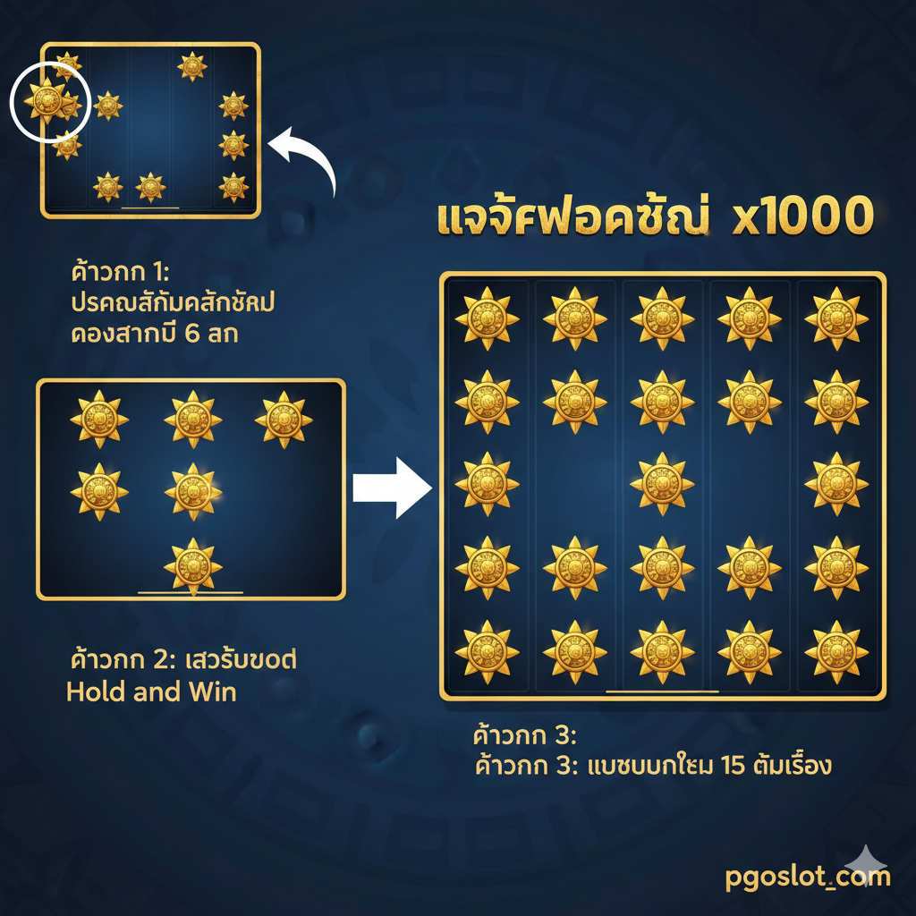 一张清晰的教程指导图，演示如何赢得Grand Jackpot。画面以游戏界面为基础，用箭头和高亮区域逐步指示：1. 出现6个太阳符号；2. 进入Hold and Win模式；3. 最终填满15个位置。重点展示一个完整的15槽都被太阳符号填满的画面，并在屏幕上方以巨大的金色文字显示'GRAND JACKPOT x1000'。整体风格清晰、信息量大，采用步骤化的图形元素辅助说明。