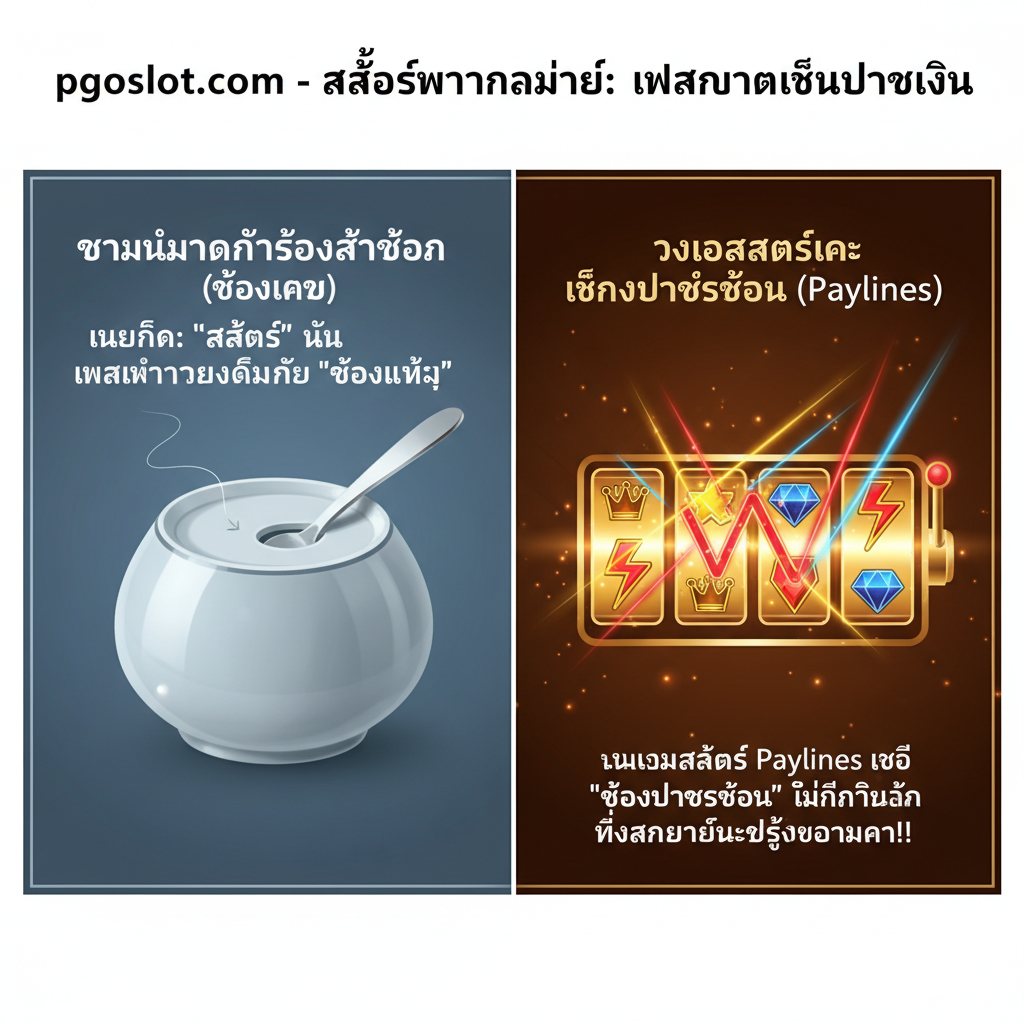 ภาพวาดแนวคิดเพื่ออธิบายว่า 'Slot' ในเกมสล็อตคืออะไร โดยเปรียบเทียบกับ 'ช่องใส่ช้อน' ภาพควรแบ่งเป็นสองส่วนด้วยเส้นแบ่งตรงกลาง: ด้านซ้ายแสดงภาพโถน้ำตาลพร้อมช้อนที่วางอยู่ในร่องเล็กๆ (สื่อถึงช่องแคบๆ) ด้านขวาแสดงตารางวงล้อสล็อต 3x3 หรือ 5x3 ที่มีเส้น 'ช่องจ่าย' (Paylines) ส่องแสงออกมาในหลายรูปแบบ (เส้นทแยงมุม, ซิกแซก) เน้นความแตกต่างว่า Paylines (ช่องจ่ายรางวัล) มีหลากหลายและใหญ่กว่า 'ร่องช้อน' มาก ใช้สีที่ตัดกัน: ด้านโถน้ำตาลอาจเป็นสีโทนเย็น/เรียบง่าย ส่วนด้านสล็อตเป็นสีทอง/แดง/สดใสเพื่อแสดงความตื่นเต้น