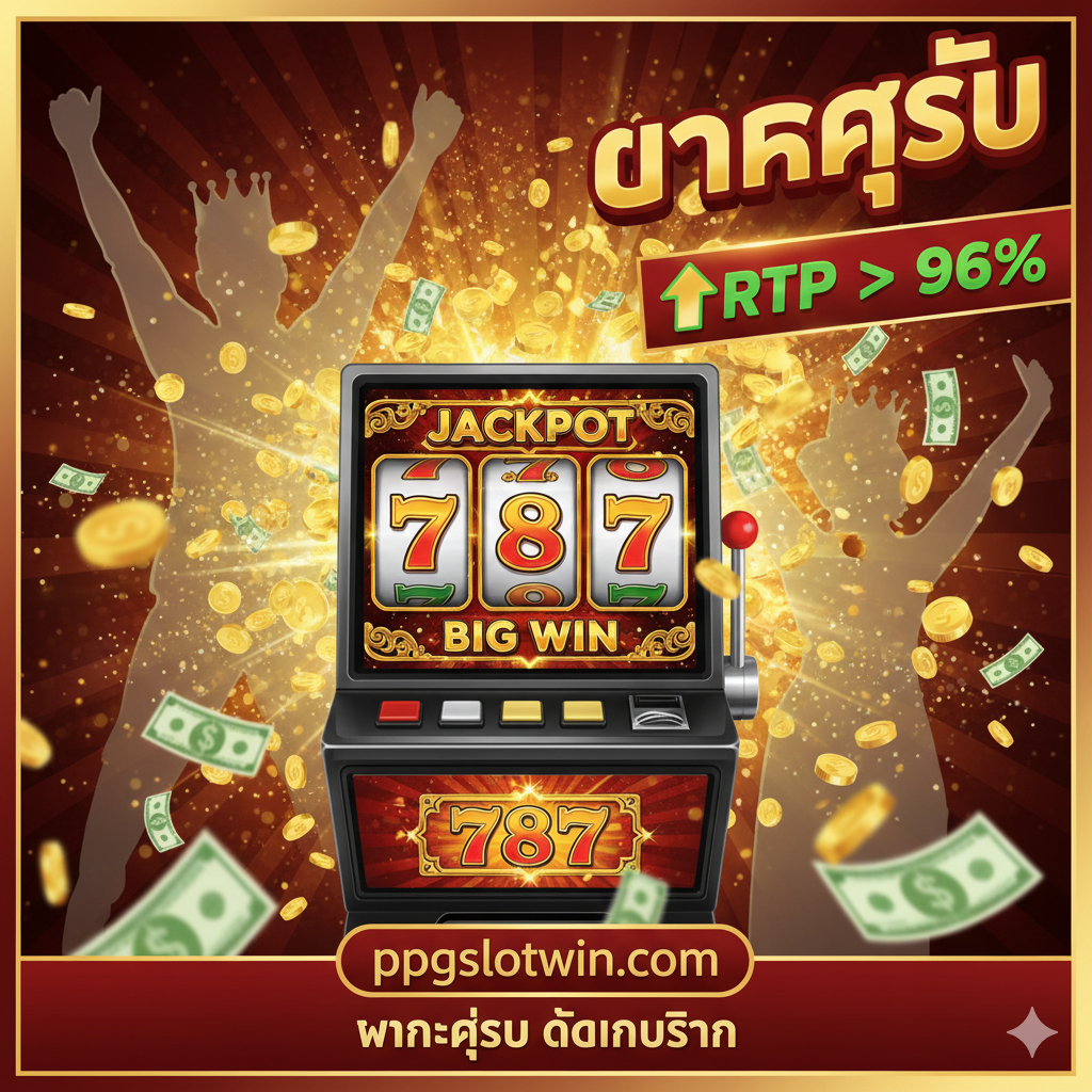 一张突出优势对比和红利的功能图。左侧是代表“免费App”的灰暗小图，右侧是代表 pgoslot.com 的金色、闪耀的大图。右侧图应着重突出RTP (Return to Player)百分比数字和“โบนัส 50% (โบนัส 50%)”的巨大横幅。同时加入一堆金币和筹码的堆叠，视觉上强调“เงินจริง (เงินจริง)”和“อัตราจ่ายสูง (อัตราจ่ายสูง)”的巨大优势，营造出高回报的吸引력。