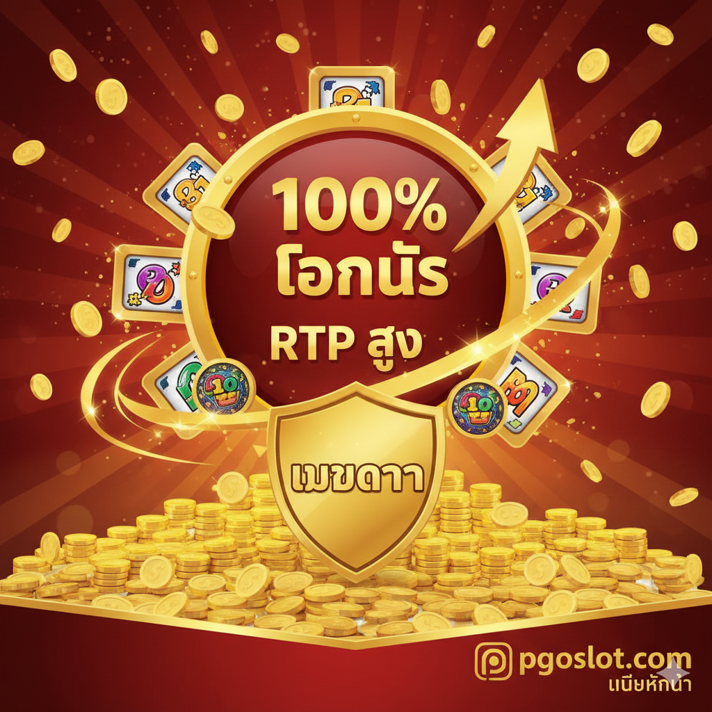 优势特点图，强调**“เว็บตรง”、“โบนัส 100%”和“RTP สูง”。设计采用奖杯、盾牌或徽章的元素来体现权威性และ信任度 (Trustworthiness)。画面中央可以放置一个巨大的100%标志，周围环绕ด้วย高分率老虎机符号 (RTP Chart)และ金币雨**。使用金色和红色มา营造胜利和财富的氛围。底部或角落清晰地印有pgoslot.com的Logo，强调是官方直营的优势，以及无门槛 (ไม่มีขั้นต่ำ) 的灵活性。