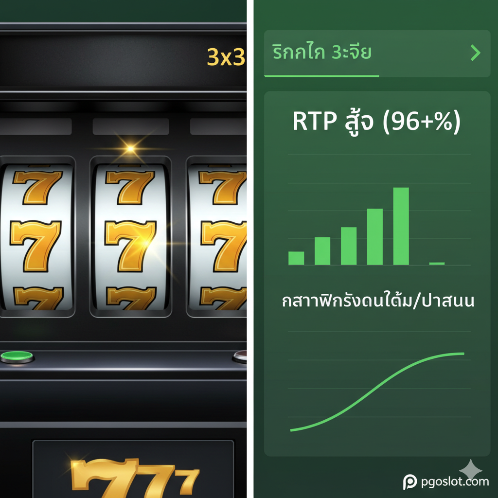 ภาพสุดท้ายกระตุ้นการกระทำโดยแสดงแขนเสื้อสีเข้มที่กำลังเหนี่ยวไกเครื่องสล็อตคลาสสิกอย่างชัดเจน พร้อมเอฟเฟกต์ประกายไฟและเหรียญทองที่พุ่งออกมา สร้างบรรยากาศที่น่าตื่นเต้น และมีข้อความภาษาไทยที่โดดเด่นว่า '⚡️ สล็อต 3x3 แตกง่าย: เริ่มต้นเล่นตอนนี้!' เพื่อกระตุ้นให้ผู้ใช้งานสมัครสมาชิกและเริ่มเล่น