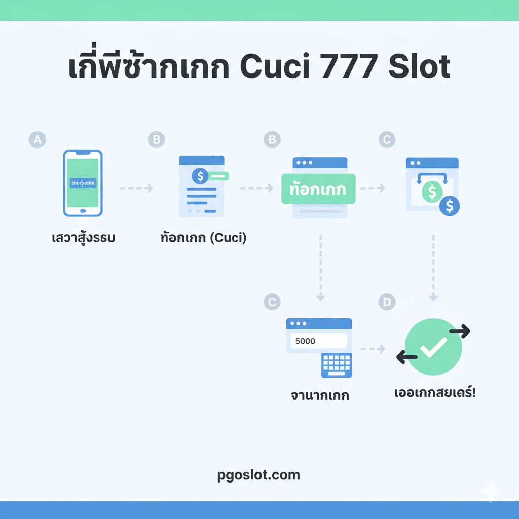 ภาพนี้เป็นขั้นตอนการใช้งาน 'Cuci' (ถอนเงิน) ที่ง่ายและตรงไปตรงมา สำหรับผู้เล่นชาวไทย แสดงขั้นตอนเป็นตัวเลข 1-4 หรือ A-D อย่างชัดเจน แต่ละขั้นตอนมีไอคอนที่สื่อความหมาย เช่น 1. มือถือที่มีปุ่ม Login 2. เมนู 'ถอนเงิน (Cuci)' 3. กล่องข้อความสำหรับกรอกจำนวนเงิน 4. สัญลักษณ์การโอนเงินสำเร็จ/เครื่องหมายถูก เน้นการใช้ภาษาไทยที่กระชับตามเนื้อหาบทความ ใช้โทนสีที่สื่อถึงความน่าเชื่อถือ เช่น สีฟ้า สีเขียวมิ้นท์ และสีขาว สไตล์เป็นแบบ 2D Iconography ที่ดูสะอาดตาและเข้าใจง่าย