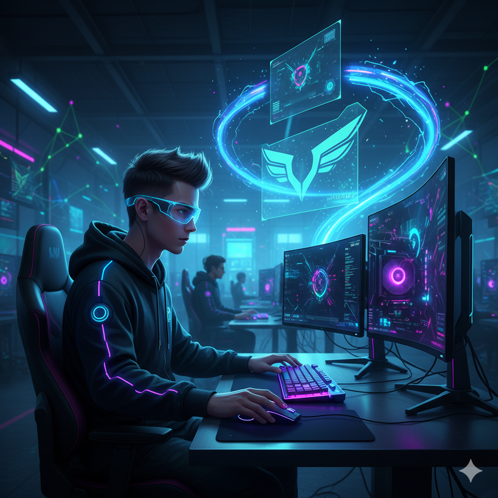 强调网络速度和硬件优势。图片应以动态、流线型的视觉效果展现“1 Gbps Fiber Optic”和“Low Latency”。构图中央是一位 Gamer/Streamer 正在使用高端 Gaming 电脑，背景有虚拟的、代表高速数据流动的蓝色和绿色光束（象征光纤网络）。前景可以放置一个特写镜头，展示机械键盘 (Mechanical Keyboard) 或 Gaming Mouse 的细节。整体色调偏向赛博朋ก์风格的蓝色และ紫色，突出科技、速度和专业感，让观众一眼识别出这是为高性能需求者准备的专业空间。