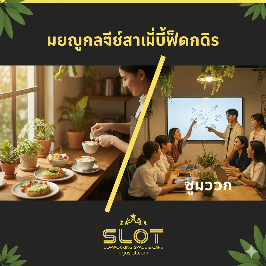 展示“Cafe Menu for Focus”和“Community Hub”的多元化。画面分为两部分，左侧展示一个装潢精致、充满绿植的咖啡区一角，聚焦于一杯印有创意拉花的高级咖啡和一些健康轻食，营造出放松和专注的氛围。右侧则是一个小型、充满活力的 Meetup 场景，一群 Gamer/Creator 正在热烈讨论，背景有投影屏幕或白板。构图强调Work-Life Balance，色彩温暖且充满活力（使用暖黄色和自然绿色），突出社群和生活品质，证明这里不仅是工作场所，更是社交中心。