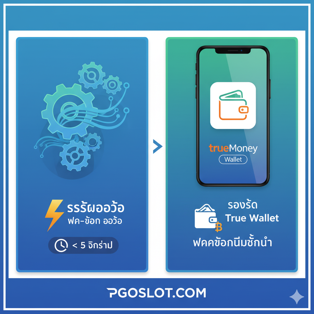 ภาพนี้ใช้สำหรับแสดงคุณสมบัติ 'ระบบอัตโนมัติ' และ 'True Wallet' องค์ประกอบภาพใช้การแบ่งส่วนหรือการจัดวางแบบคู่ขนาน ด้านซ้ายแสดงฟันเฟืองนามธรรมหรือเส้นไหล แสดงถึง 'ระบบออโต้' (ระบบอัตโนมัติ) และ 'ฝาก-ถอน ออโต้' โดยใช้สัญลักษณ์สายฟ้า (⚡️) เน้นย้ำถึงความรวดเร็ว พร้อมด้วยเครื่องจับเวลาที่แสดง 'น้อยกว่า 5 วินาที' ด้านขวาแสดงหน้าจอโทรศัพท์มือถือที่มีโลโก้ TrueMoney Wallet พร้อมด้วยไอคอนกระเป๋าสตางค์และสัญลักษณ์เงินบาทไทยด้านล่าง เน้นย้ำถึง 'รองรับ True Wallet' และ 'ฝากถอนไม่มีขั้นต่ำ' สไตล์โดยรวมเป็นแบบโมเดิร์นและเรียบง่าย ใช้สีเทคโนโลยีอย่างสีน้ำเงินและสีเขียว เพื่อเน้นความสะดวกและประสิทธิภาพ