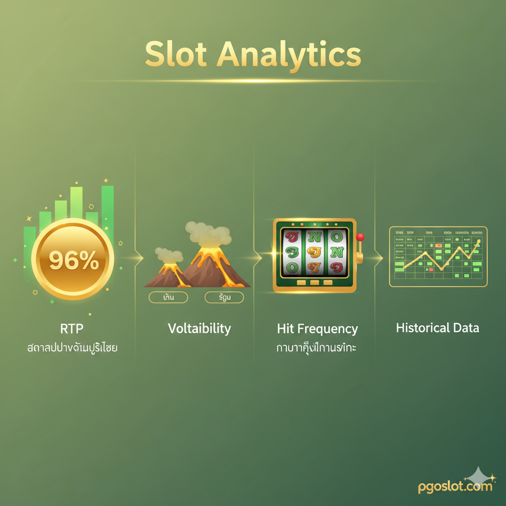 功能图片，聚焦于文章核心概念：RTP、Volatility、Hit Frequency。画面构图分为三个主要区域，每个区域代表一个关键指标。中央是一个旋转中的老虎机卷轴特写，卷轴旁边弹出三个半透明的数据卡片：第一张卡片标有“RTP: 96%+”和一个向上的箭头，第二张标有“Volatility: High/Low”并用波浪线表示，第三张标有“Hit Frequency”并附带一个计数器。整体色彩使用鲜明的对比色，如绿色代表RTP高，橙色代表Volatility，强调数据分析是游戏背后的“秘密武器”。